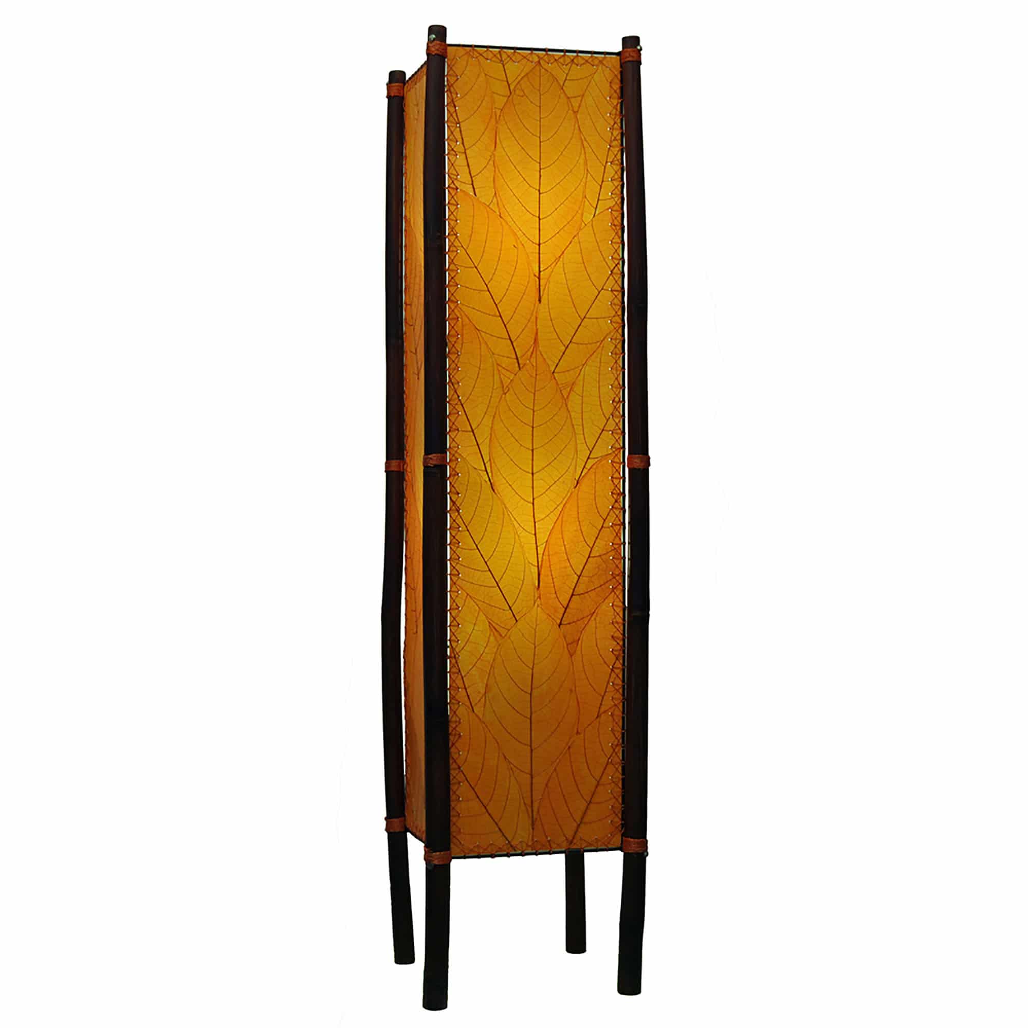 Crafted by the artisans of Eangee Home Design, the Fortune Large Floor Lamp in orange against a clean backdrop, featuring fossilized cocoa leaf shade, abaca rope accents, rattan leg supports, wrought iron frame, handcrafted.