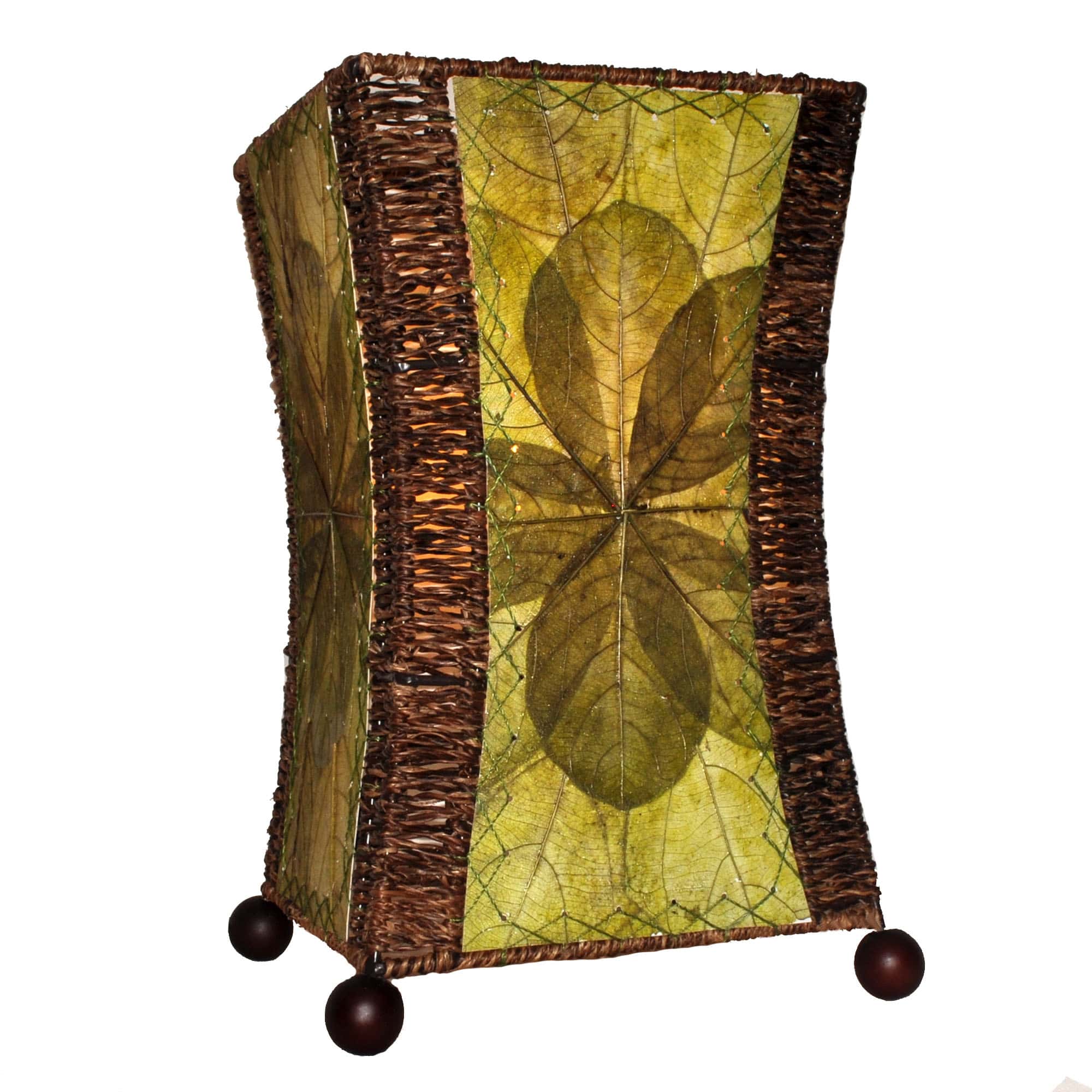Crafted by the artisans of Eangee Home Design, the Hourglass Table Lamp in green against a clean backdrop, featuring jackfruit leaf panels, abaca rope accents, wrought iron frame, eco friendly.