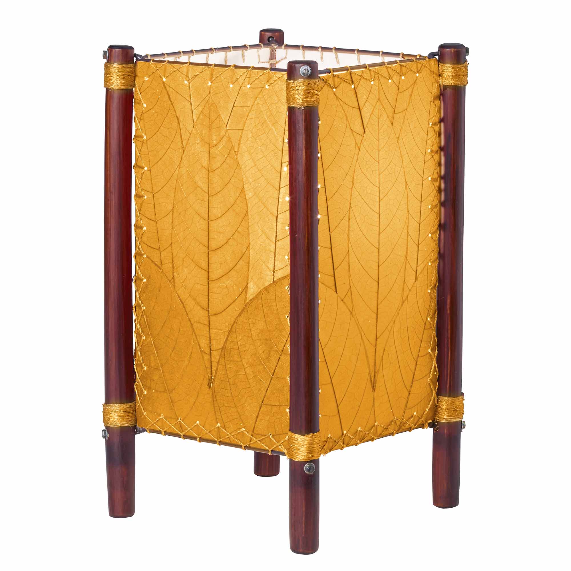 Crafted by the artisans of Eangee Home Design, the Fortune Table Lamp in orange against a clean backdrop, featuring fossilized cocoa leaf shade, abaca rope accents, rattan leg supports.
