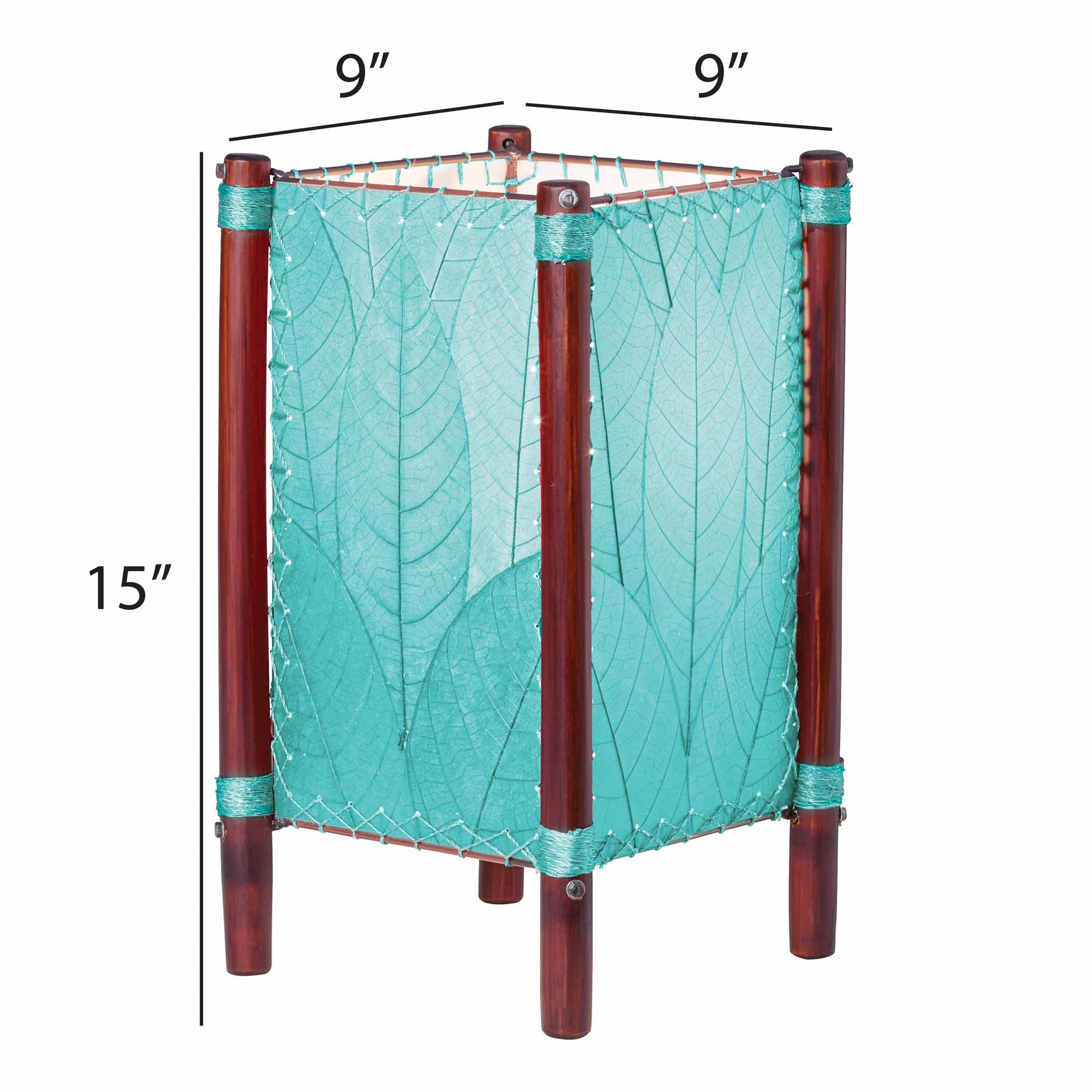 Crafted by the artisans of Eangee Home Design, the Fortune Table Lamp in sea blue against a clean backdrop, featuring fossilized cocoa leaf shade, abaca rope accents, rattan leg supports.
