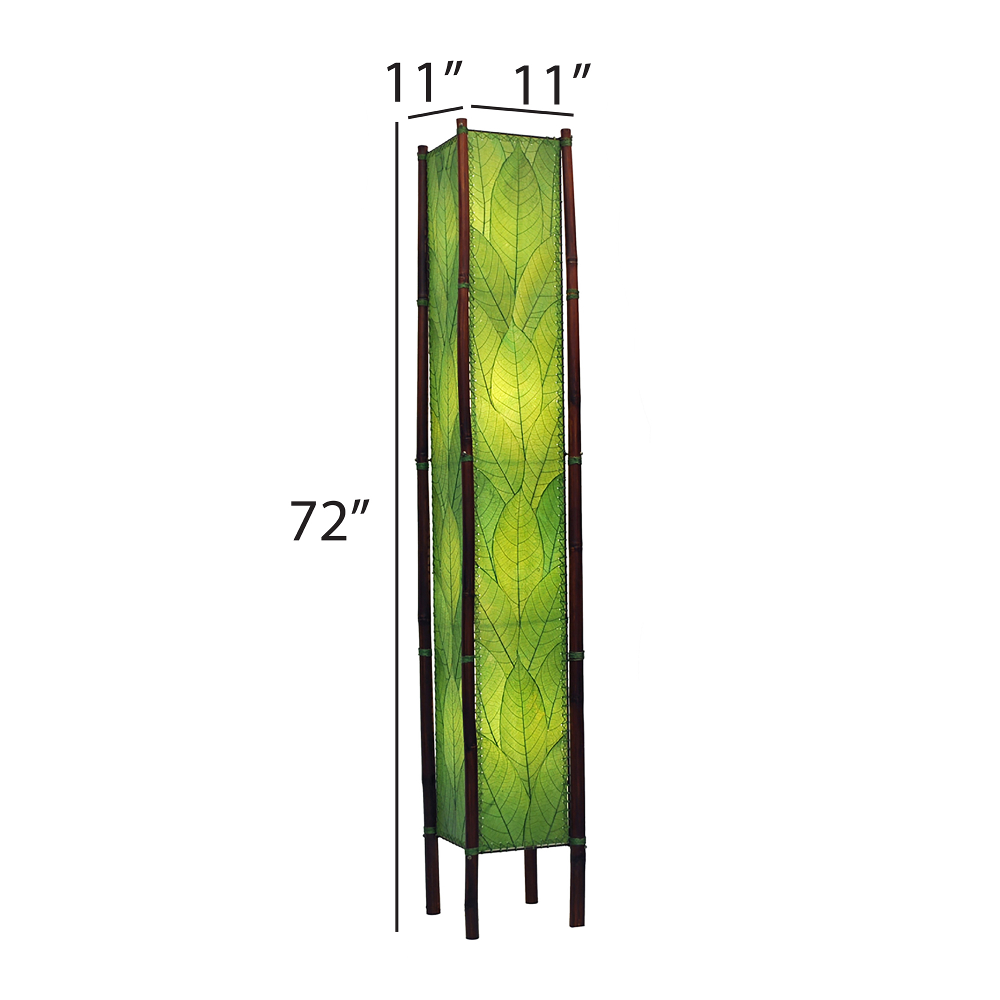 Crafted by the artisans of Eangee Home Design, the Fortune Giant Floor Lamp in green against a clean backdrop, featuring fossilized cocoa leaf shade, abaca rope accents, rattan leg supports, wrought iron frame, eco friendly.