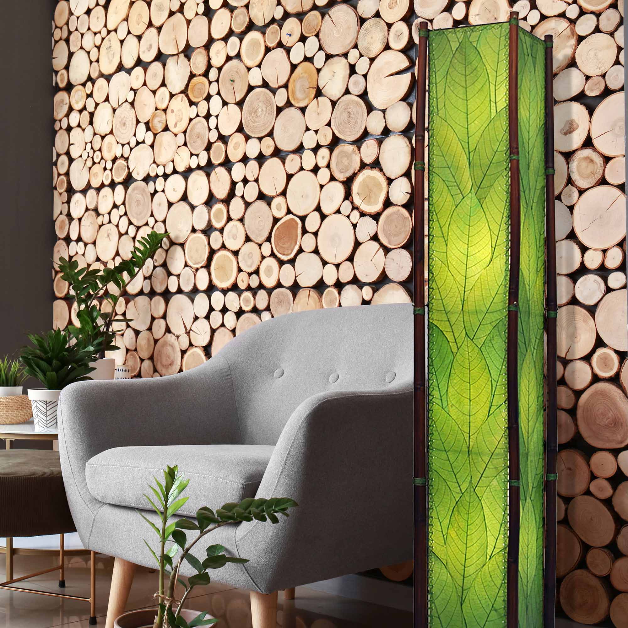In a modern interior with earth tones, crafted by the artisans of Eangee Home Design, the Fortune Giant Floor Lamp in green stands gracefully, featuring fossilized cocoa leaf shade, abaca rope accents, rattan leg supports, wrought iron frame, eco friendly, adding warmth and character to the space.