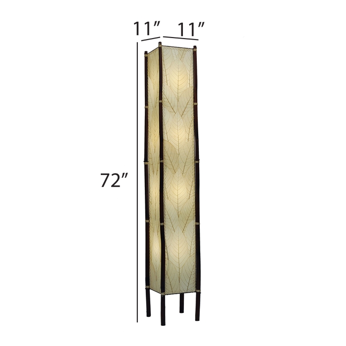 Crafted by the artisans of Eangee Home Design, the Fortune Giant Floor Lamp in natural against a clean backdrop, featuring fossilized cocoa leaf shade, abaca rope accents, rattan leg supports, wrought iron frame, eco friendly.