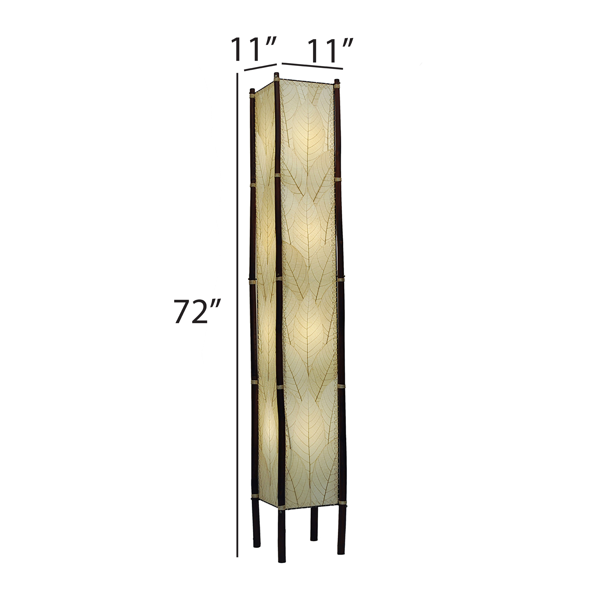Crafted by the artisans of Eangee Home Design, the Fortune Giant Floor Lamp in natural against a clean backdrop, featuring fossilized cocoa leaf shade, abaca rope accents, rattan leg supports, wrought iron frame, eco friendly.