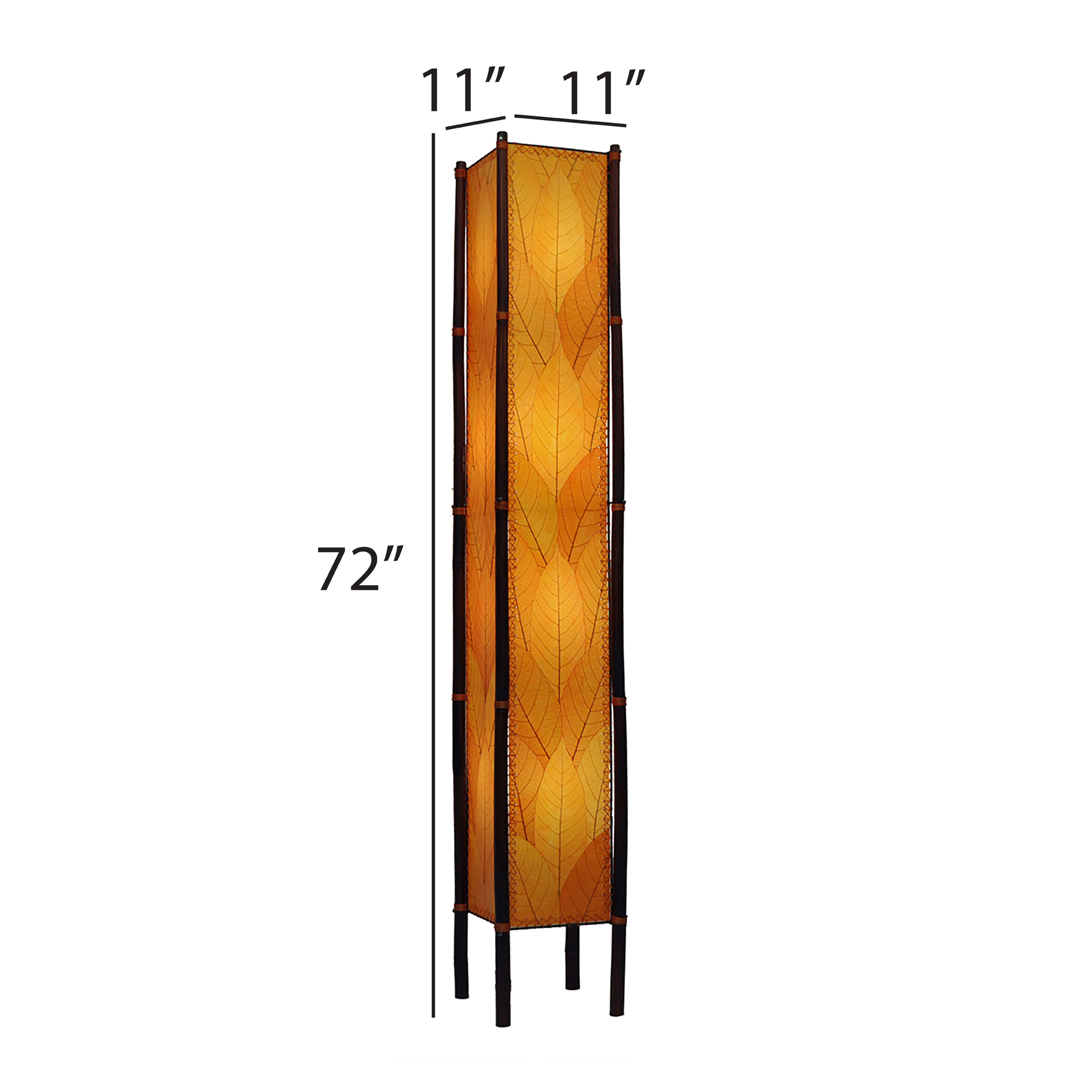Crafted by the artisans of Eangee Home Design, the Fortune Giant Floor Lamp in orange against a clean backdrop, featuring fossilized cocoa leaf shade, abaca rope accents, rattan leg supports, wrought iron frame, eco friendly.