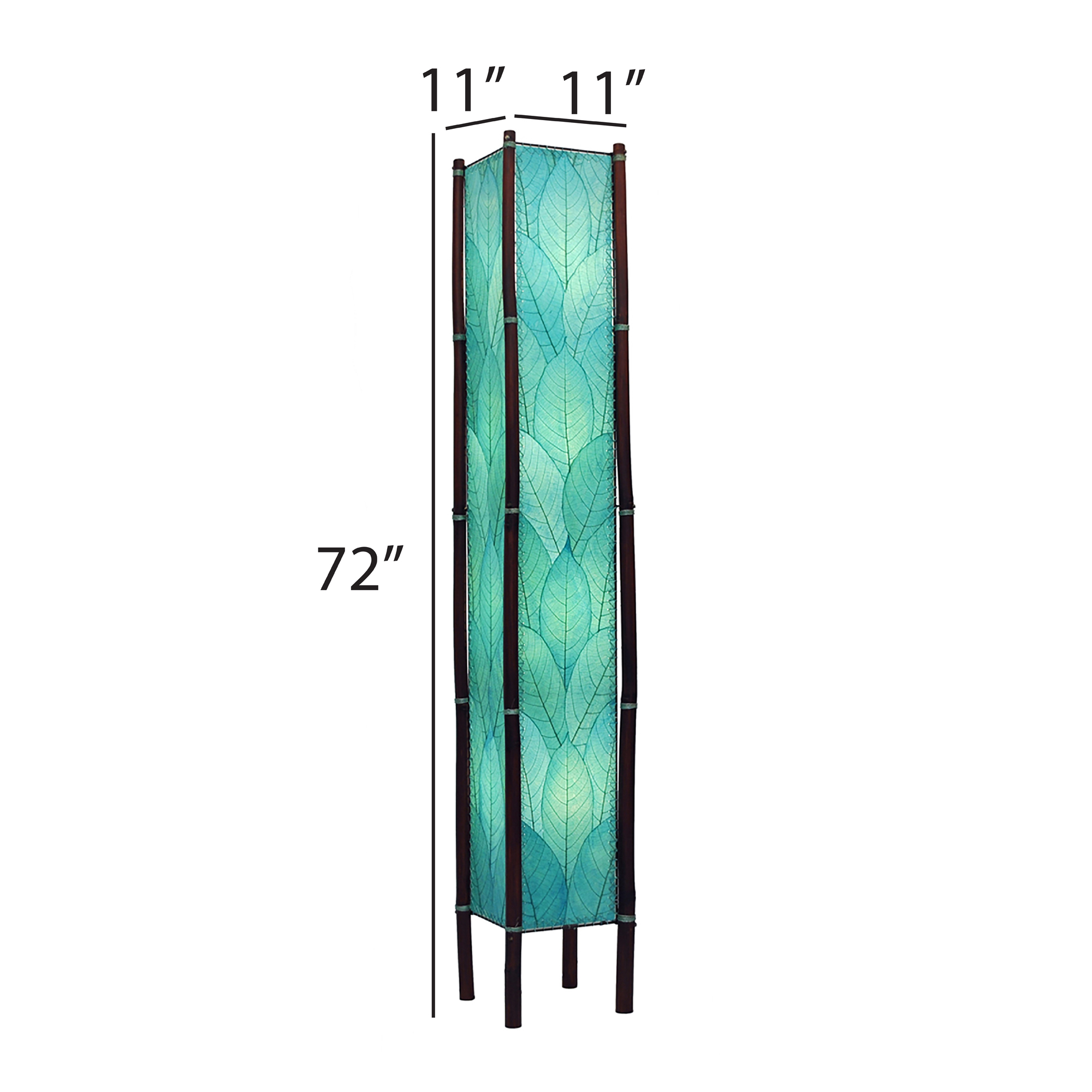 Crafted by the artisans of Eangee Home Design, the Fortune Giant Floor Lamp in sea blue against a clean backdrop, featuring fossilized cocoa leaf shade, abaca rope accents, rattan leg supports, wrought iron frame, eco friendly.