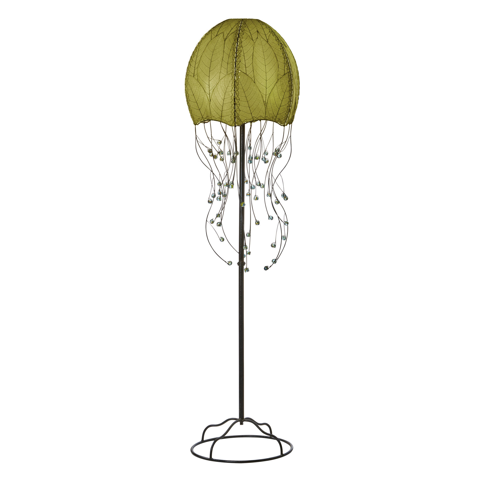 Crafted by the artisans of Eangee Home Design, the Jellyfish Large Floor Lamp in green against a clean backdrop, featuring fossilized cocoa leaf shade, wrought iron frame, eco friendly.