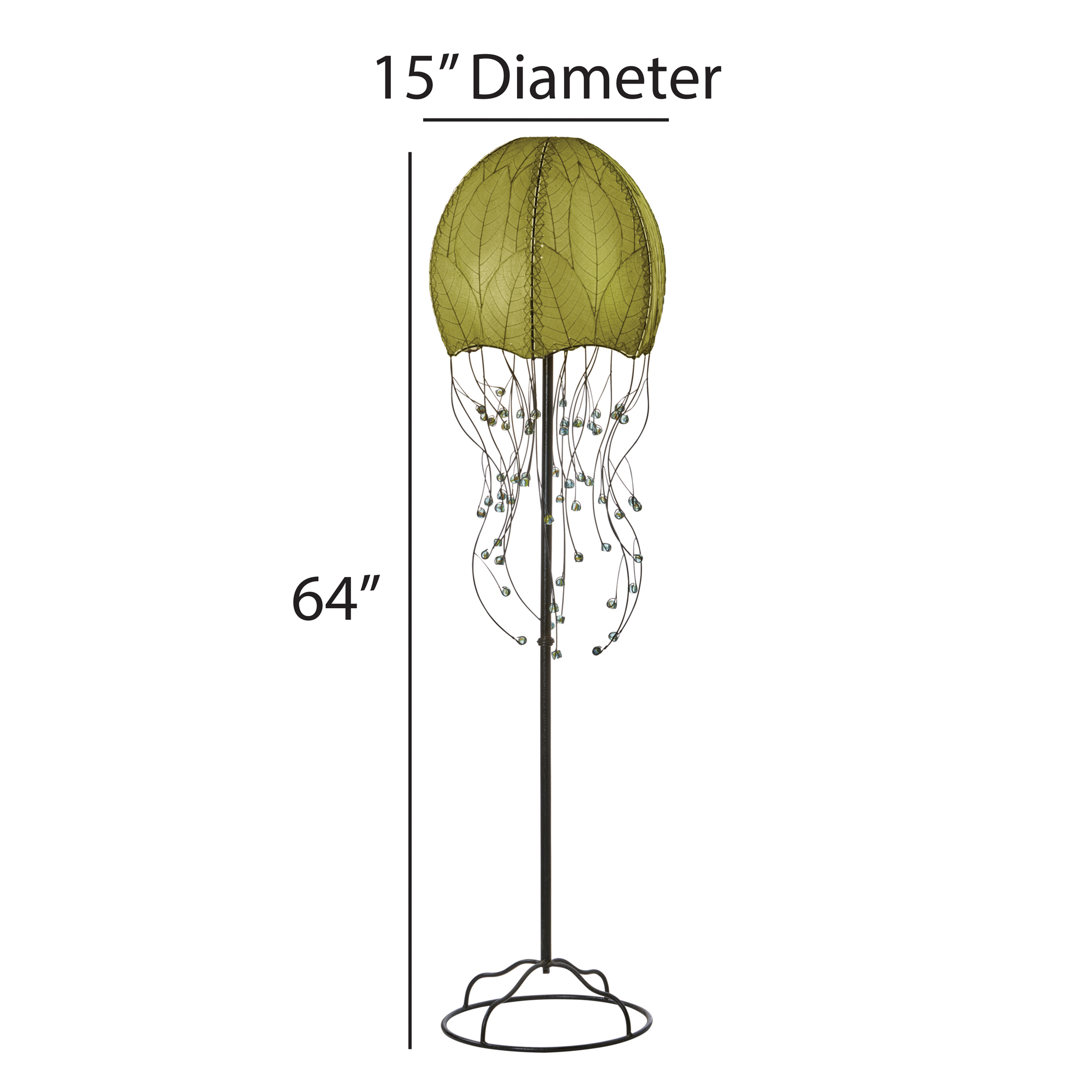 In a reading nook with a linen armchair, the Jellyfish Large Floor crafted by the artisans of Eangee Home Design Lamp in green finish by Eangee Home Design stands tall, its fossilized cocoa leaf panels, powder coated wrought iron frame, wrought iron frame, and hand placed natural leaves casting a warm glow that there's something hypnotic about it this lamp moves you before it ever moves.