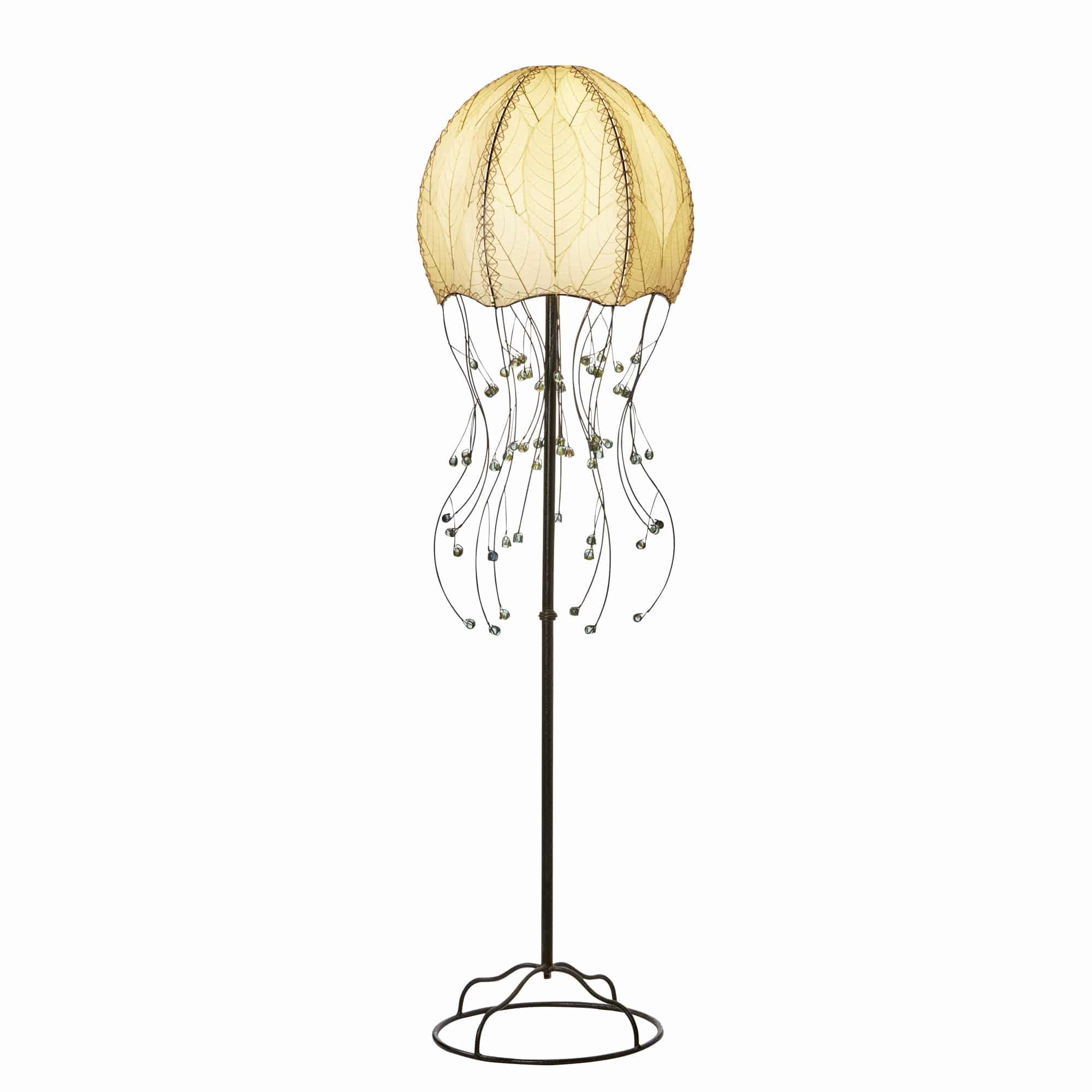 Crafted by the artisans of Eangee Home Design, the Jellyfish Large Floor Lamp in natural against a clean backdrop, featuring fossilized cocoa leaf shade, wrought iron frame, eco friendly.
