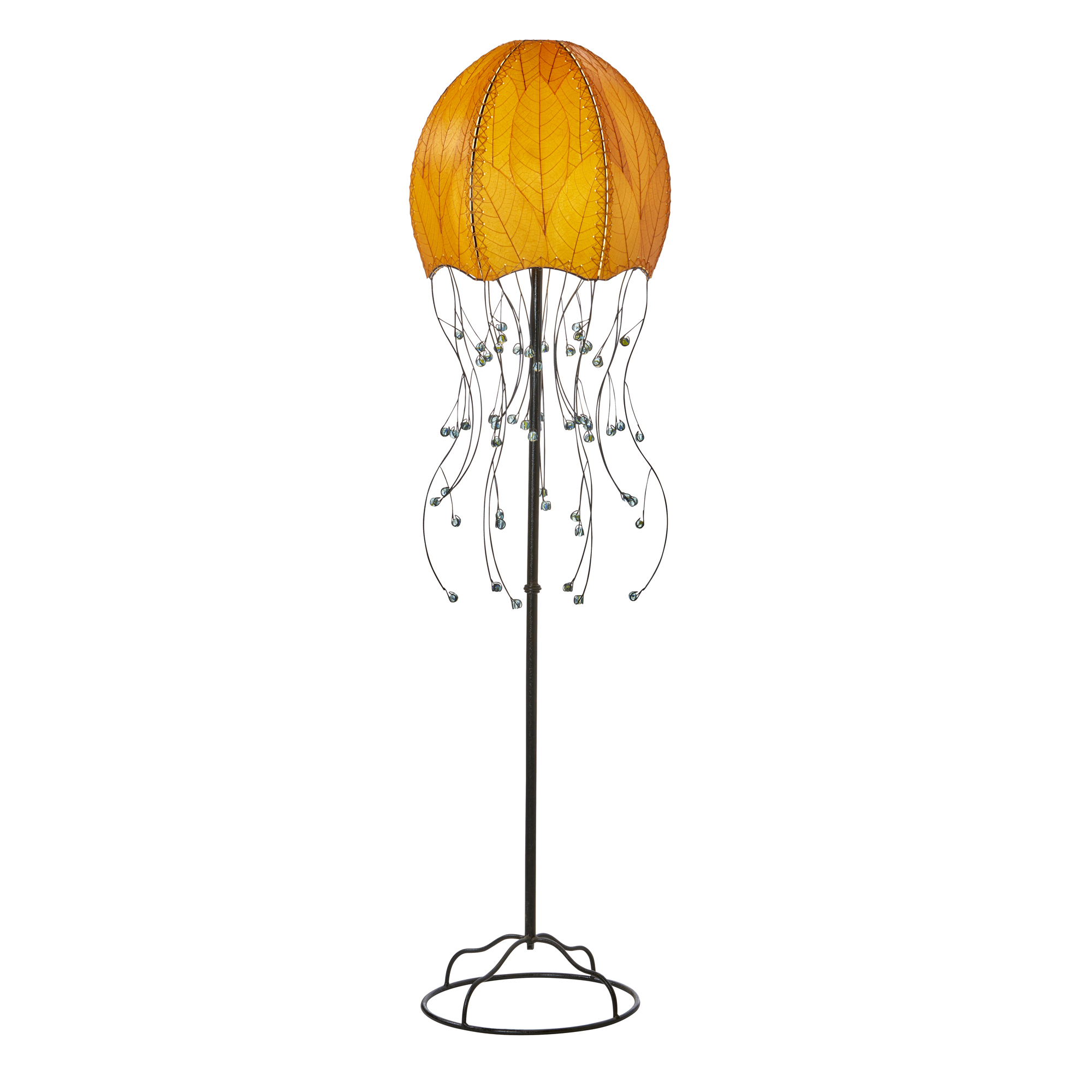 Crafted by the artisans of Eangee Home Design, the Jellyfish Large Floor Lamp in orange against a clean backdrop, featuring fossilized cocoa leaf shade, wrought iron frame, eco friendly.