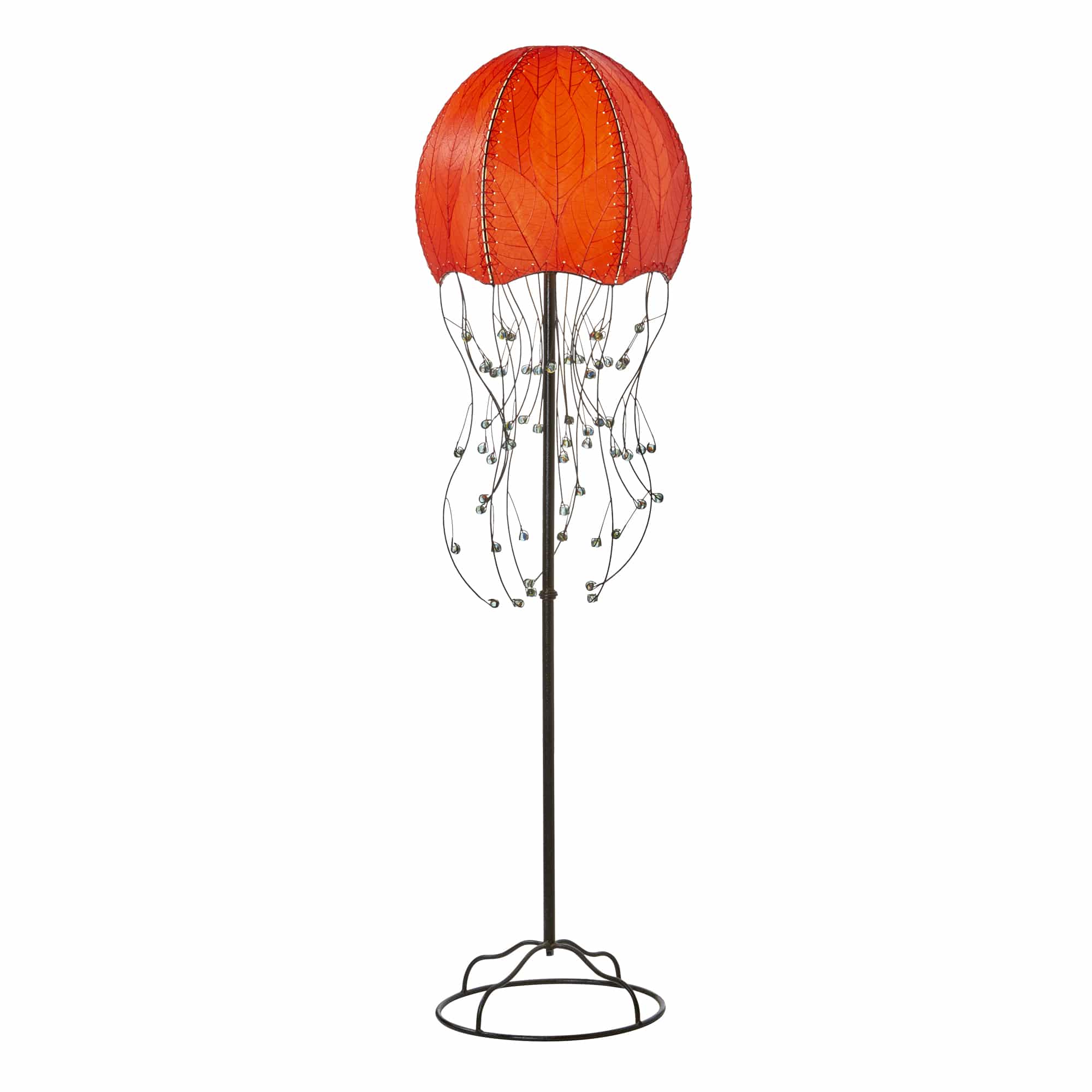 Crafted by the artisans of Eangee Home Design, the Jellyfish Large Floor Lamp in red against a clean backdrop, featuring fossilized cocoa leaf shade, wrought iron frame, eco friendly.