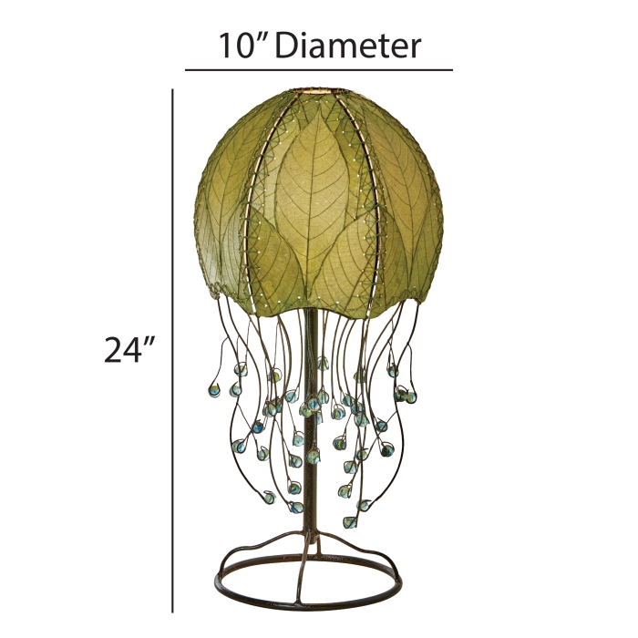 Crafted by the artisans of Eangee Home Design, the Jellyfish Table Lamp in green against a clean backdrop, featuring fossilized cocoa leaf shade, abaca rope accents, wrought iron frame, handcrafted.