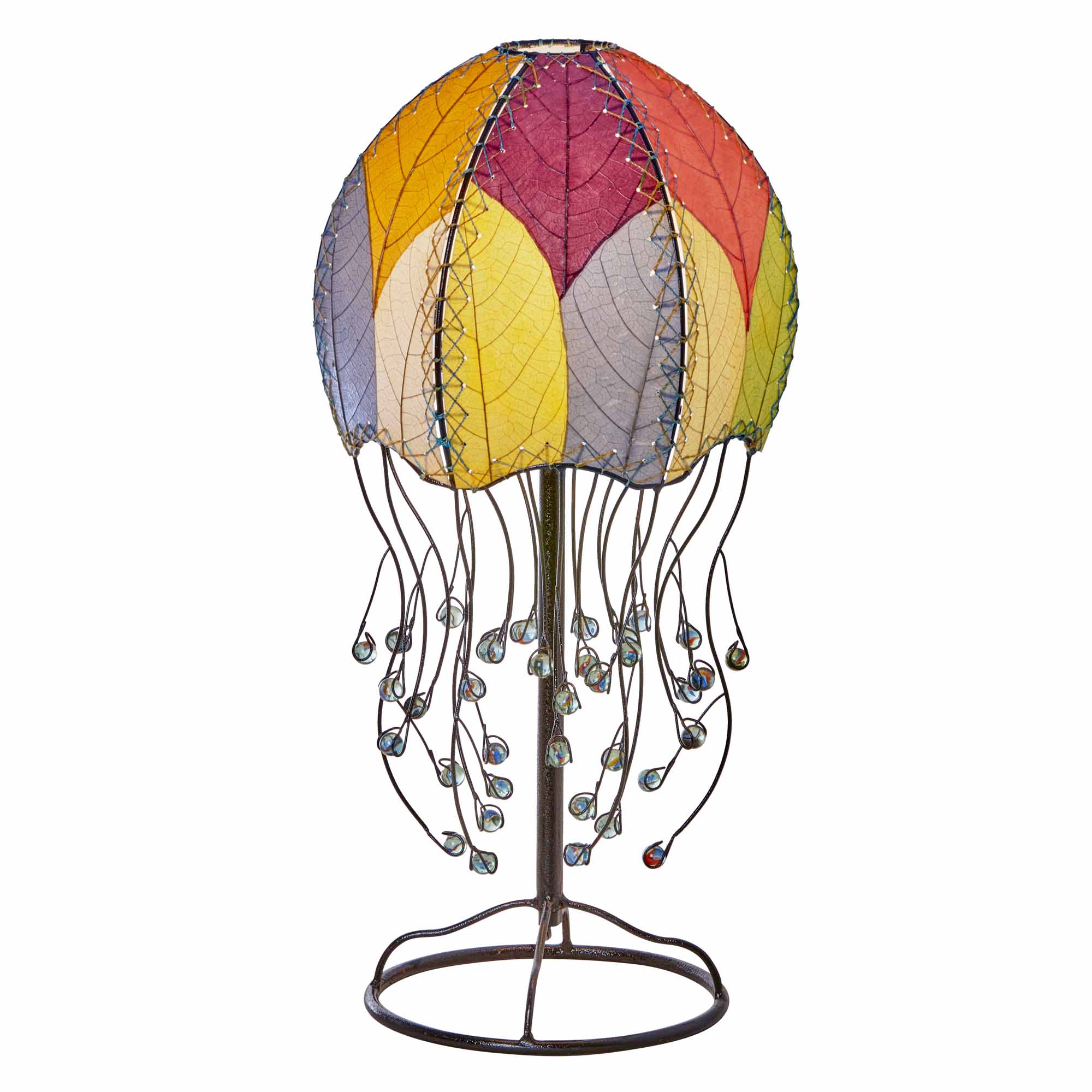 Crafted by the artisans of Eangee Home Design, the Jellyfish Table Lamp in multi color against a clean backdrop, featuring fossilized cocoa leaf shade, abaca rope accents, wrought iron frame, handcrafted.