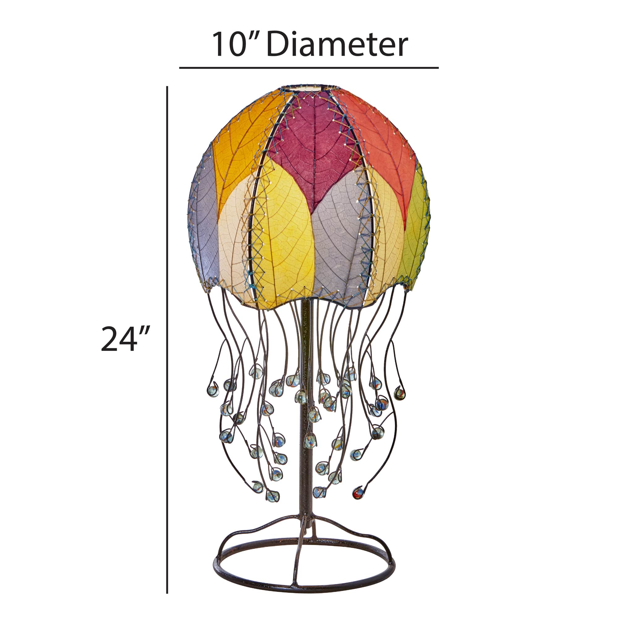 Crafted by the artisans of Eangee Home Design, the Jellyfish Table Lamp in multi color against a clean backdrop, featuring fossilized cocoa leaf shade, abaca rope accents, wrought iron frame, handcrafted.