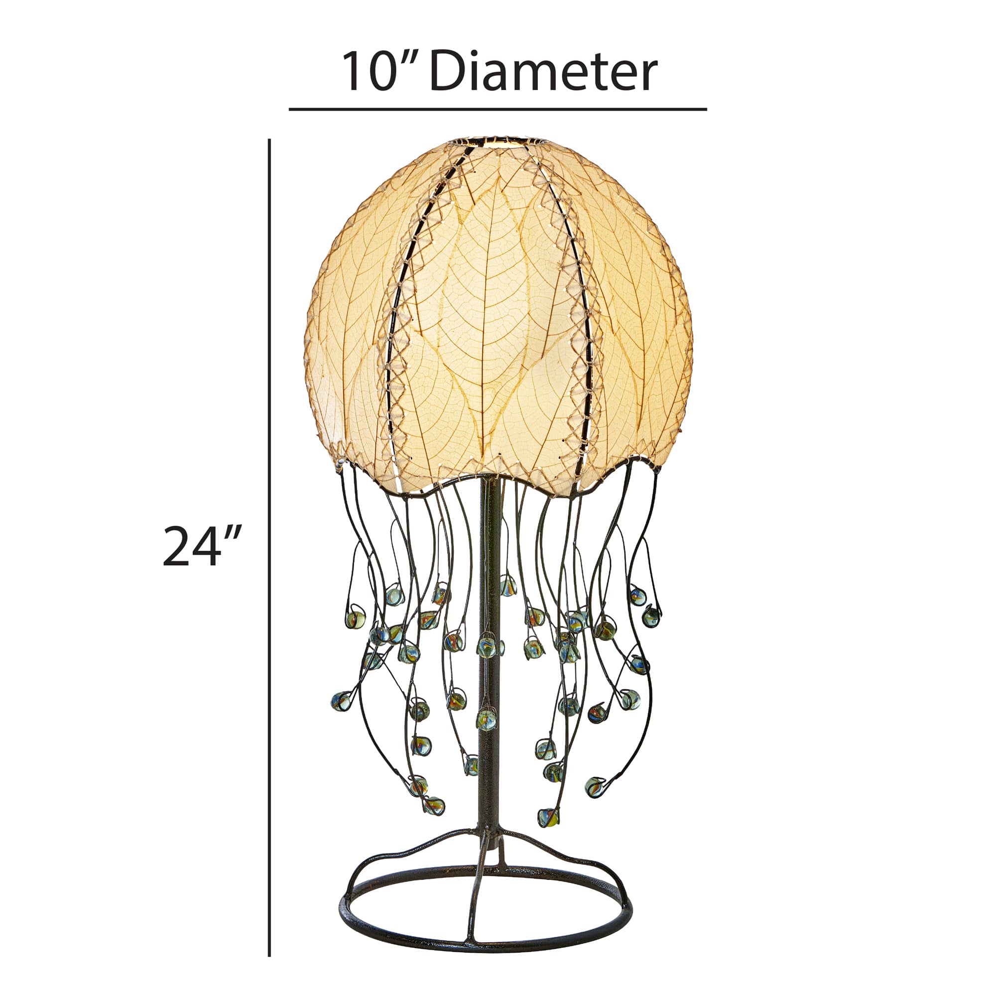 Crafted by the artisans of Eangee Home Design, the Jellyfish Table Lamp in natural against a clean backdrop, featuring fossilized cocoa leaf shade, abaca rope accents, wrought iron frame, handcrafted.