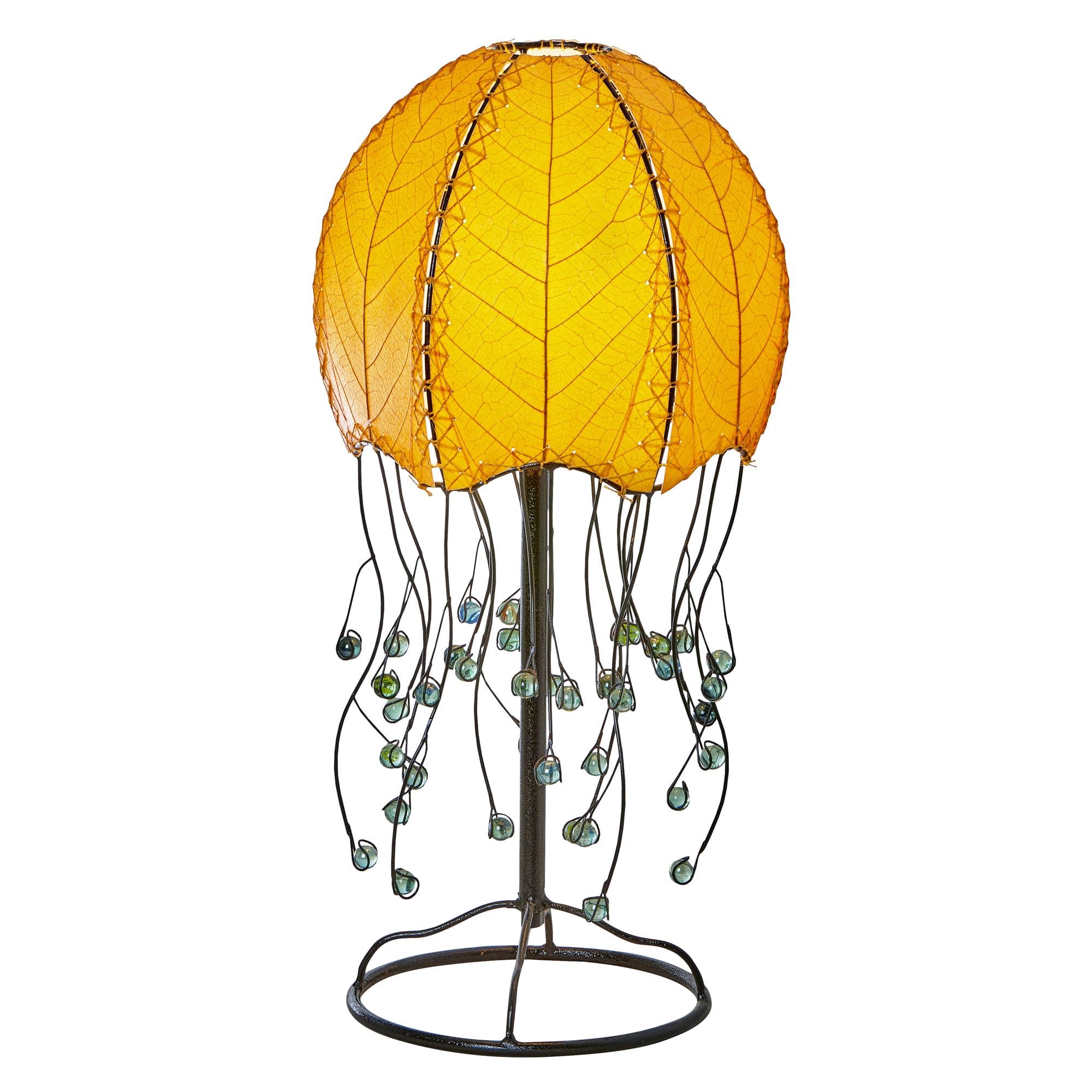 Crafted by the artisans of Eangee Home Design, the Jellyfish Table Lamp in orange against a clean backdrop, featuring fossilized cocoa leaf shade, abaca rope accents, wrought iron frame, handcrafted.