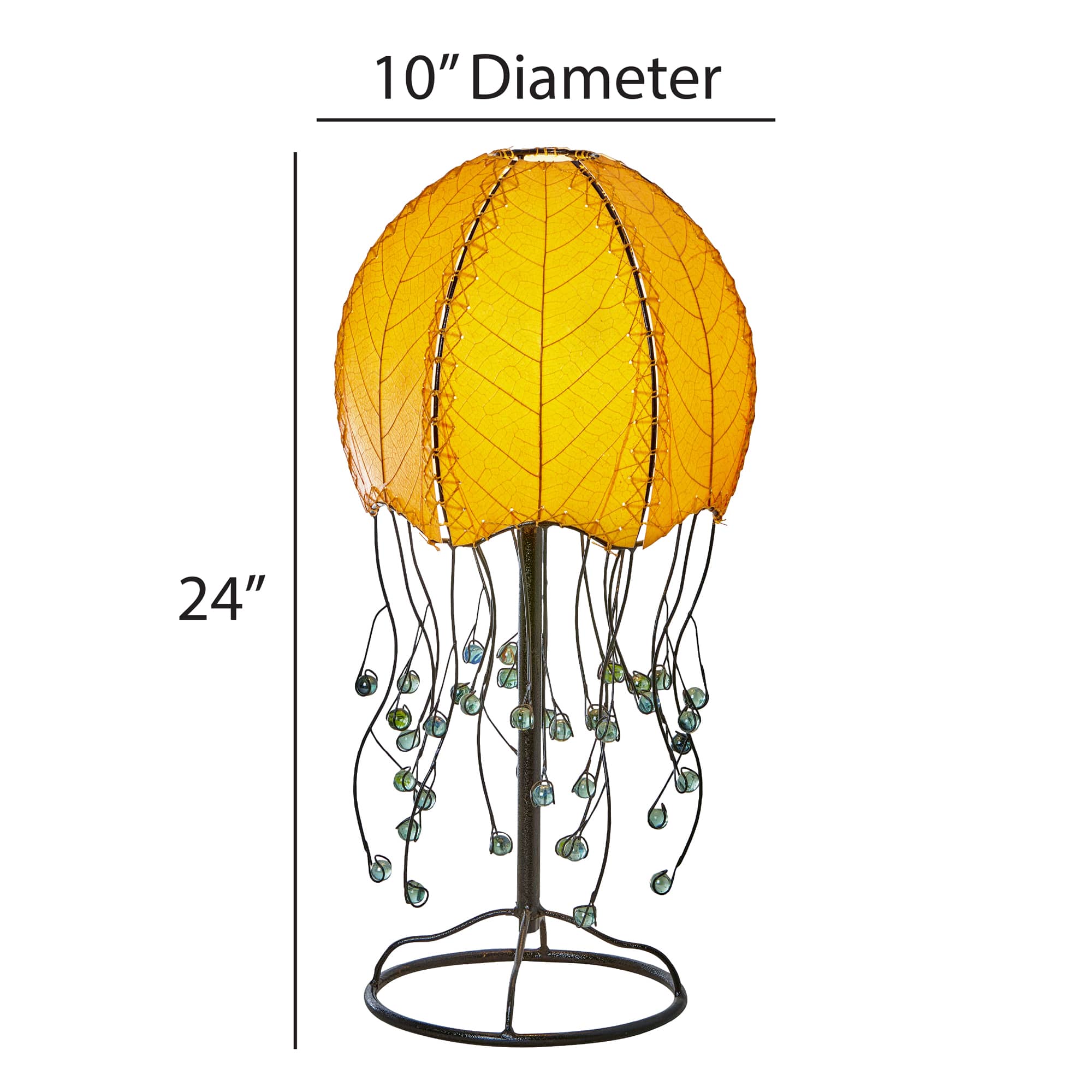 Crafted by the artisans of Eangee Home Design, the Jellyfish Table Lamp in orange against a clean backdrop, featuring fossilized cocoa leaf shade, abaca rope accents, wrought iron frame, handcrafted.