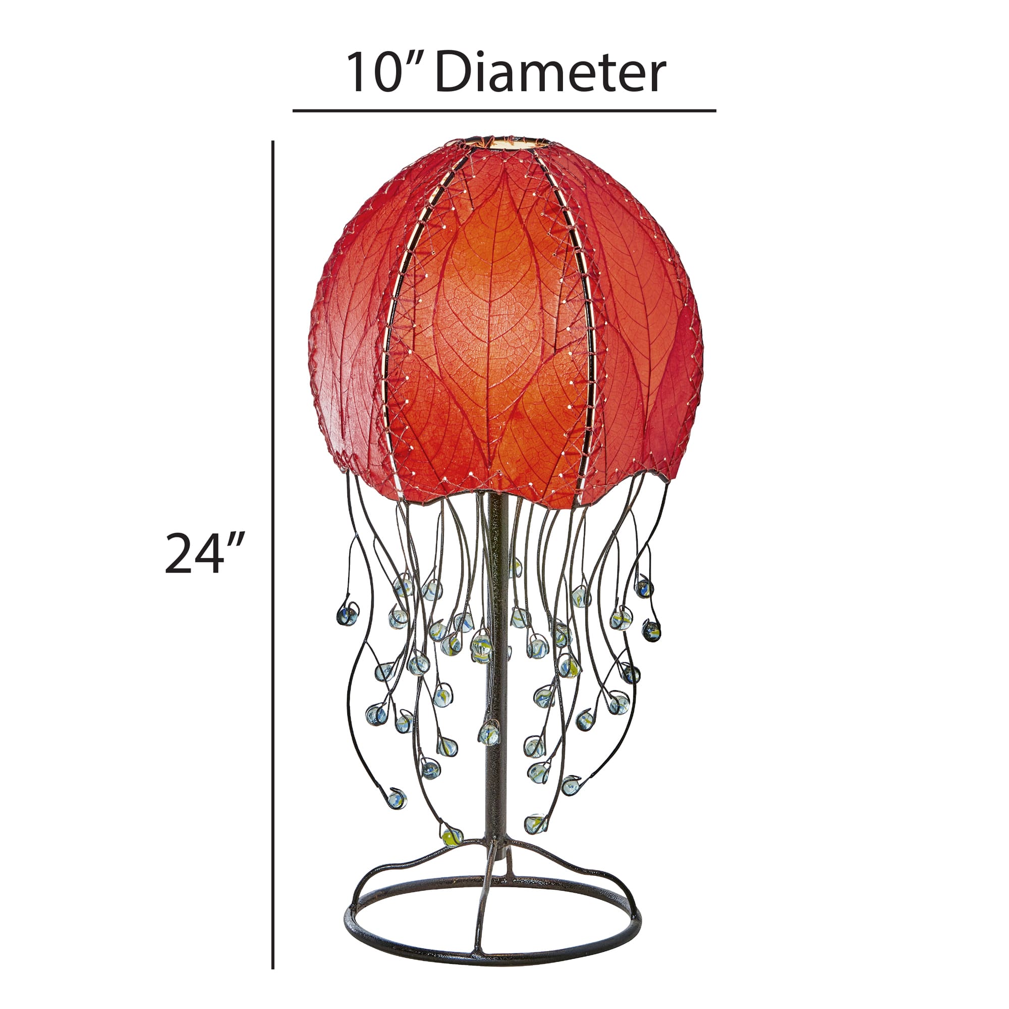 Crafted by the artisans of Eangee Home Design, the Jellyfish Table Lamp in red against a clean backdrop, featuring fossilized cocoa leaf shade, abaca rope accents, wrought iron frame, handcrafted.