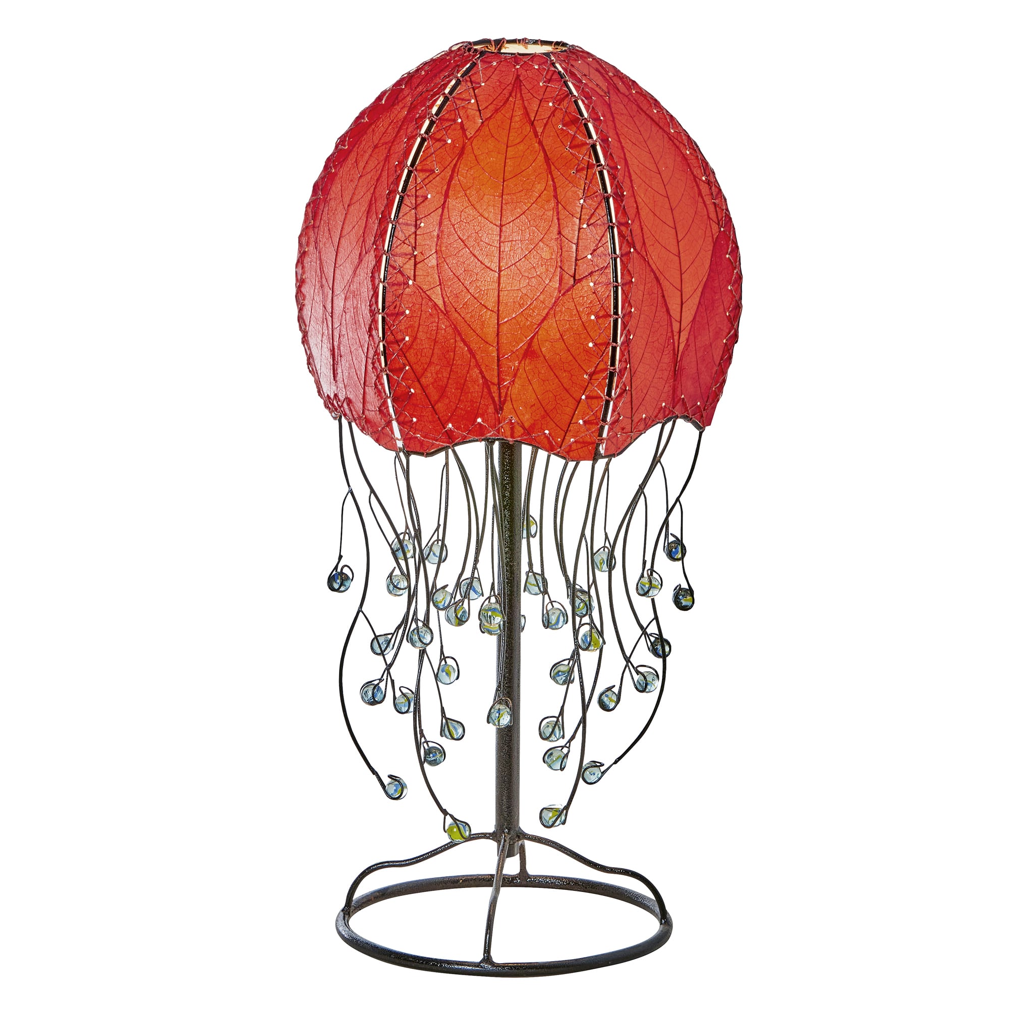 Crafted by the artisans of Eangee Home Design, the Jellyfish Table Lamp in red against a clean backdrop, featuring fossilized cocoa leaf shade, abaca rope accents, wrought iron frame, handcrafted.