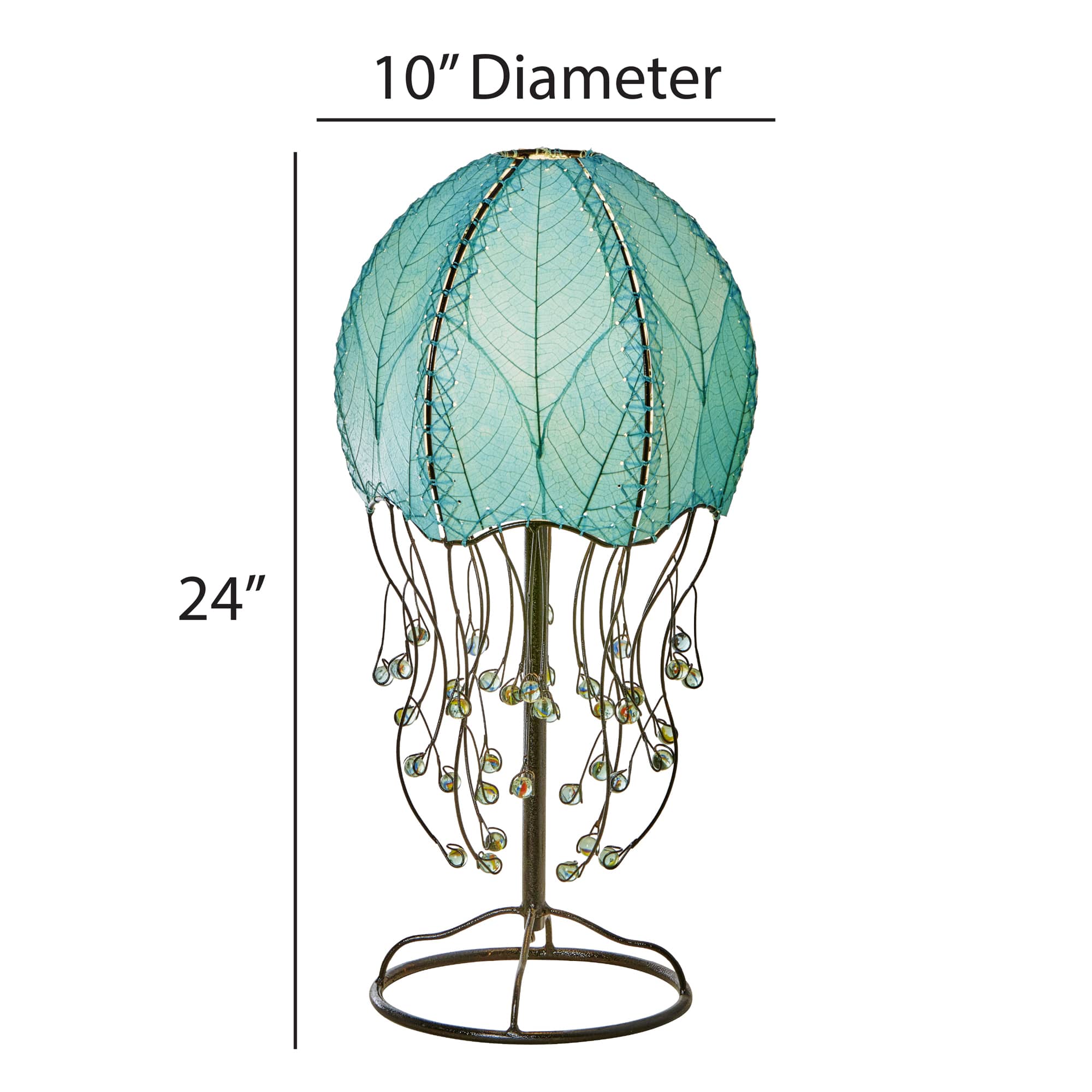 Crafted by the artisans of Eangee Home Design, the Jellyfish Table Lamp in sea blue against a clean backdrop, featuring fossilized cocoa leaf shade, abaca rope accents, wrought iron frame, handcrafted.