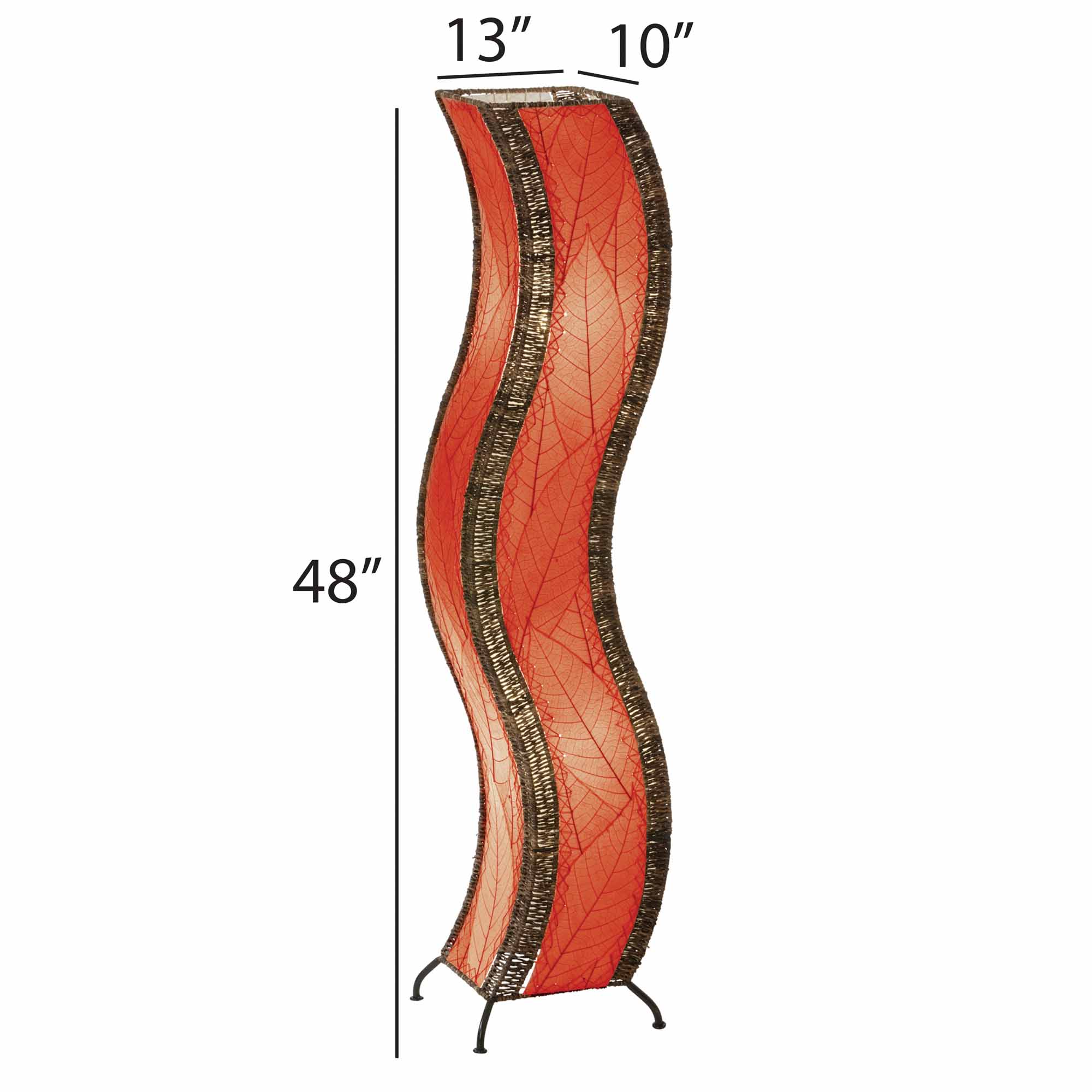 A modern Eangee Home Design Wave Large Floor Lamp Red (Item # 457 l r), featuring a wavy red and black design, stands on a light-colored tile floor beside a potted plant, its curves bringing calm to cluttered corners.