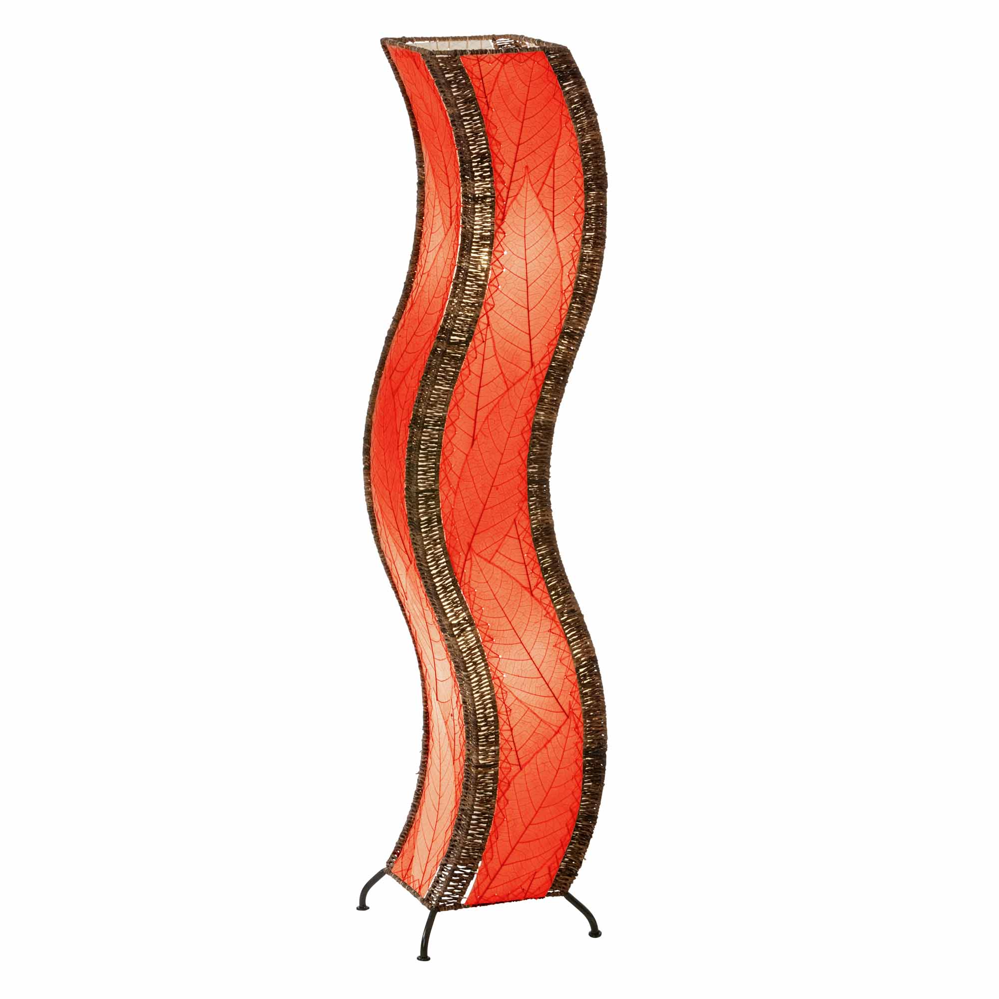 In a minimalist den with wooden accents, the Wave Large Floor crafted by the artisans of Eangee Home Design Lamp in red finish by Eangee Home Design stands tall, its fossilized cocoa leaf panels, abaca twine accents, and hand placed natural leaves casting a warm glow that there's something soothing about a shape that doesn't sit still.