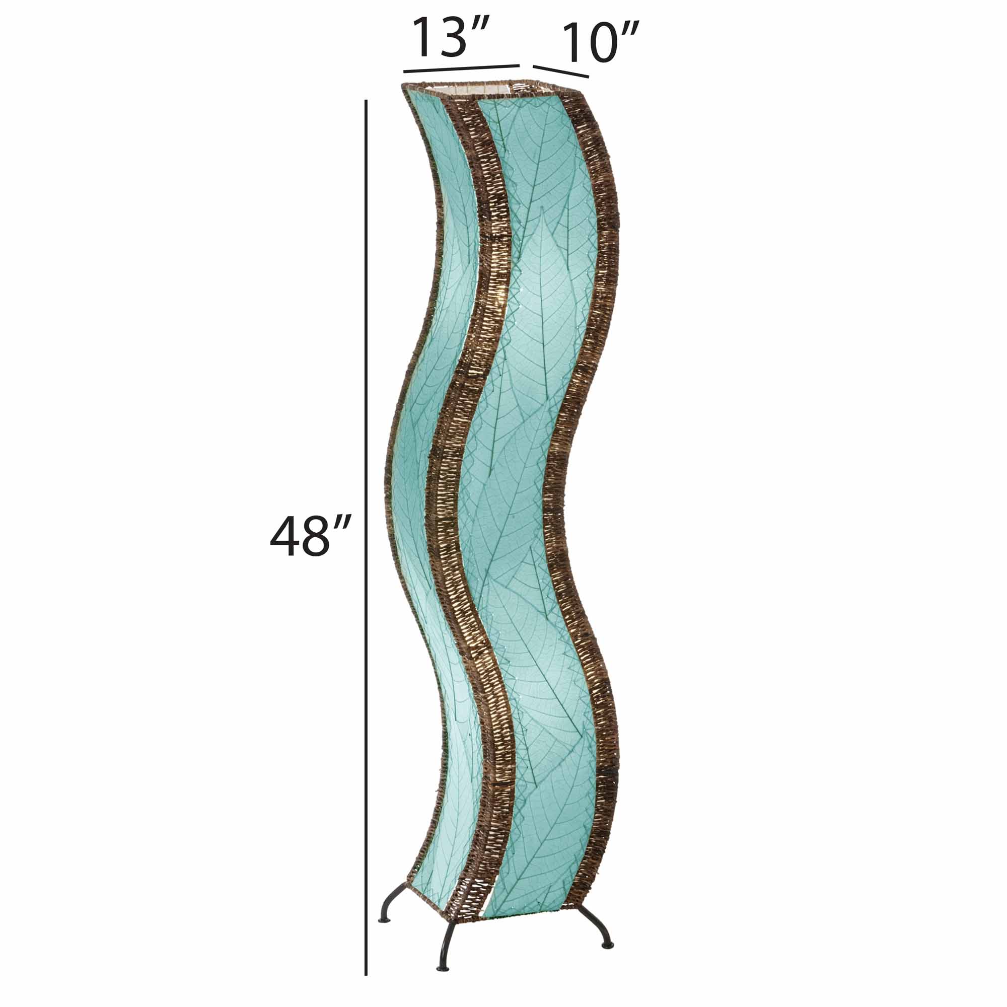 The Eangee Home Design Wave Large Floor Lamp Sea Blue (item #457 l sb), with brown accents, stands on a wooden platform in a modern room beside a green plant and minimalist shelves, adding soothing motion and calm to the space.