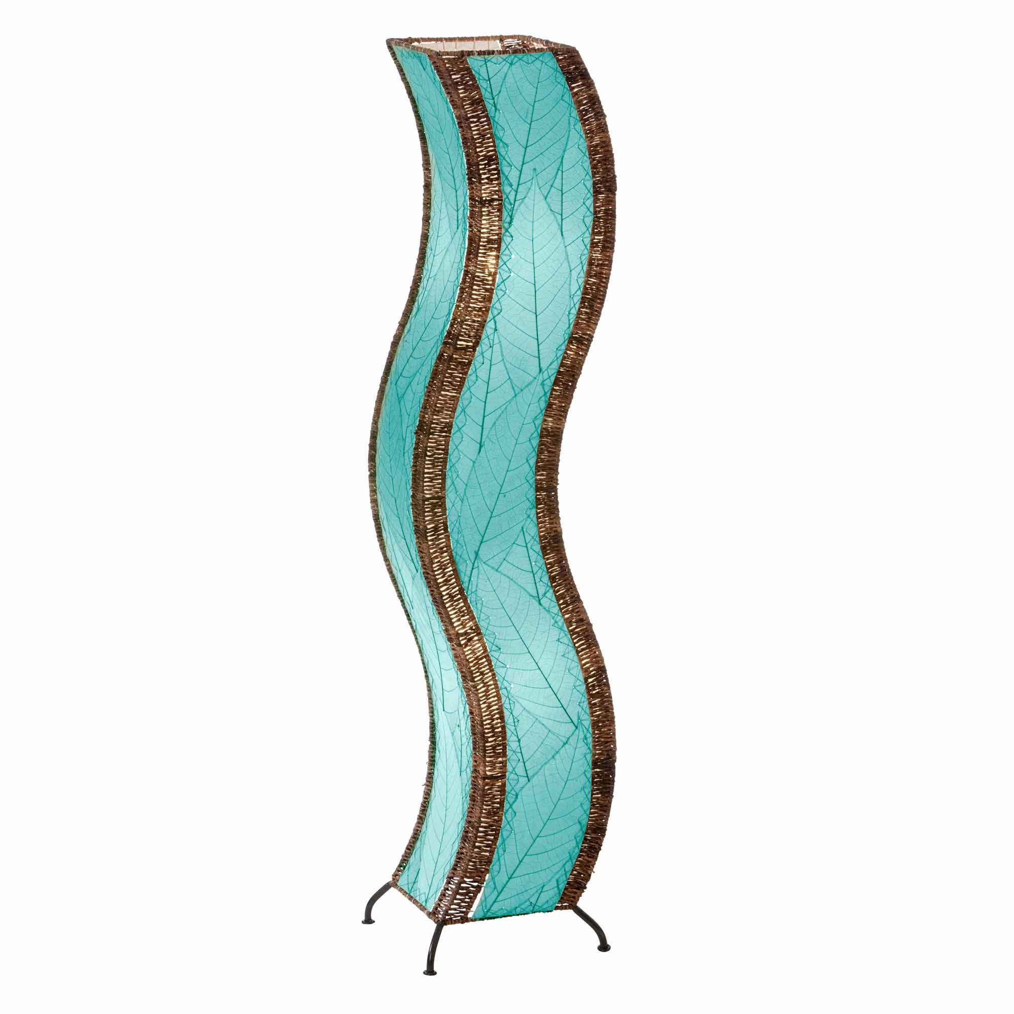 In a entryway beside a console table, the Wave Large Floor crafted by the artisans of Eangee Home Design Lamp in sea blue finish by Eangee Home Design stands beside a potted monstera, its fossilized cocoa leaf panels, abaca twine accents, and hand placed natural leaves casting a warm glow that there's something soothing about a shape that doesn't sit still.