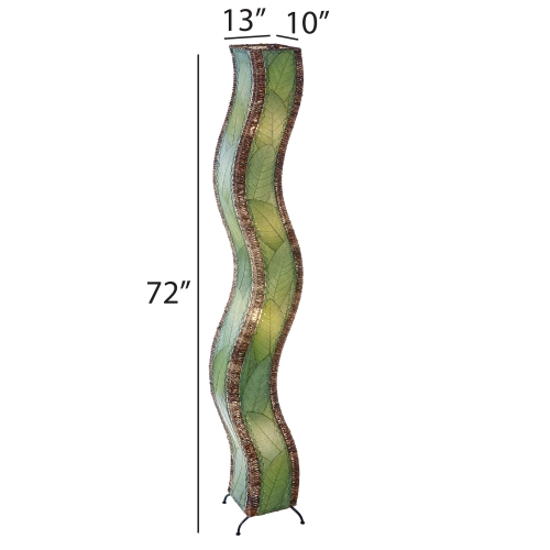 Eangee Home Designs Wave Giant Floor Lamp Green (Item #457 xl g) features a tall, wavy form with brown accents, standing on light wood flooring next to a plant—its sweeping silhouette shapes the space with a calming, fluid presence.