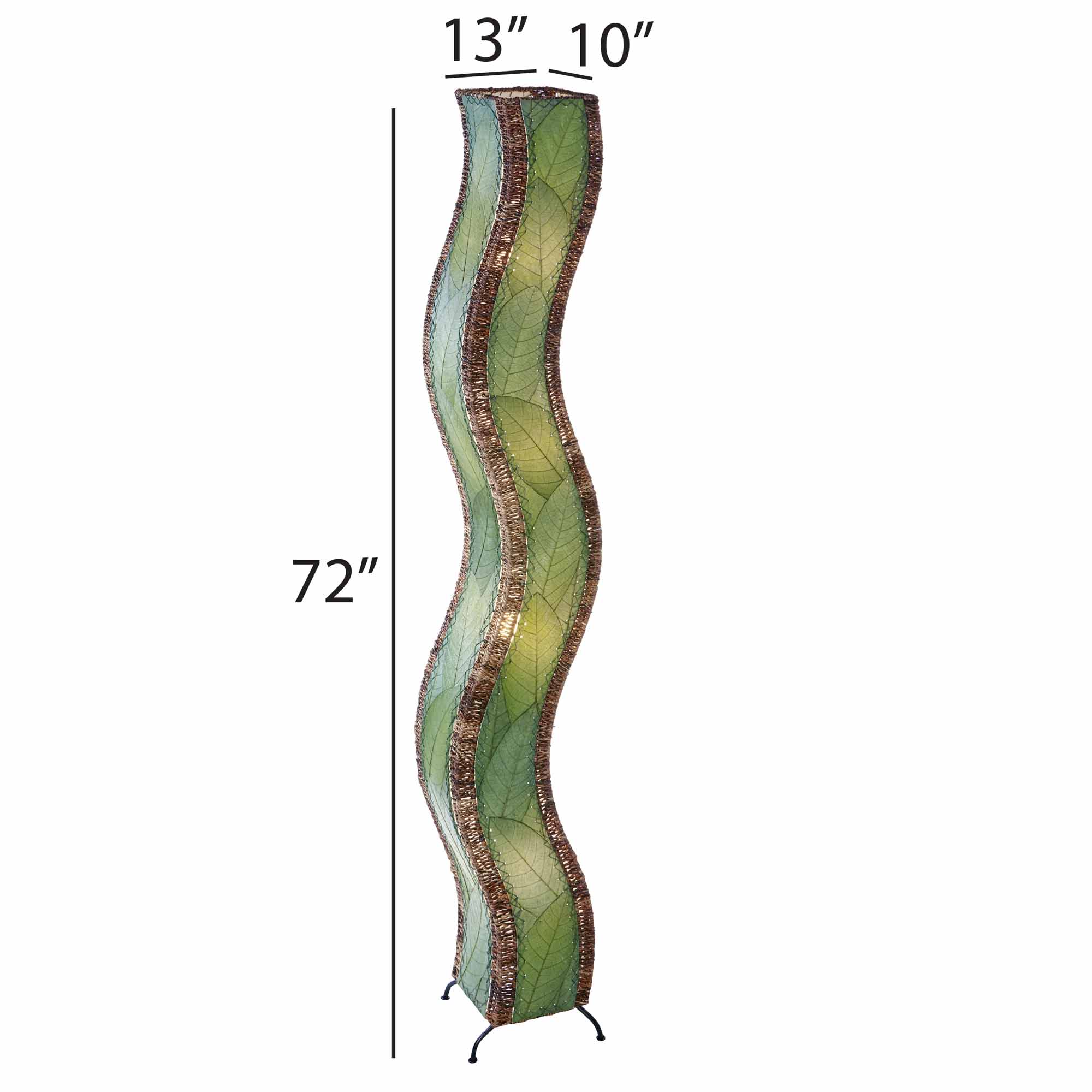 Eangee Home Designs Wave Giant Floor Lamp Green (Item #457 xl g) features a tall, wavy form with brown accents, standing on light wood flooring next to a plant—its sweeping silhouette shapes the space with a calming, fluid presence.