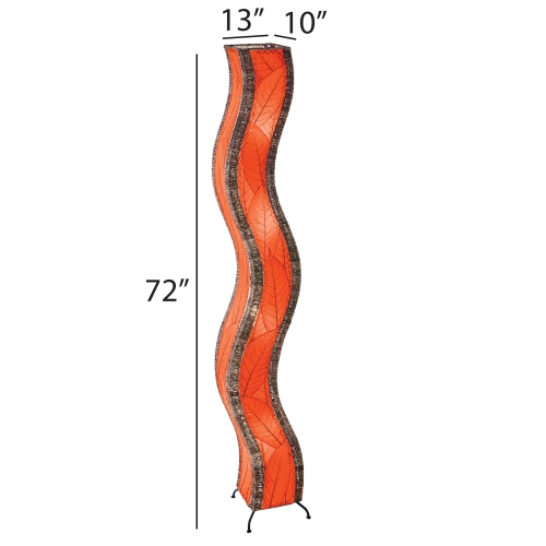 The Eangee Home Design Wave Giant Floor Lamp Red (Item #457 xl r) with black trim adds a dynamic focal point to a modern room, its tall, wavy silhouette standing out among vibrant glass bottles and lush plants.
