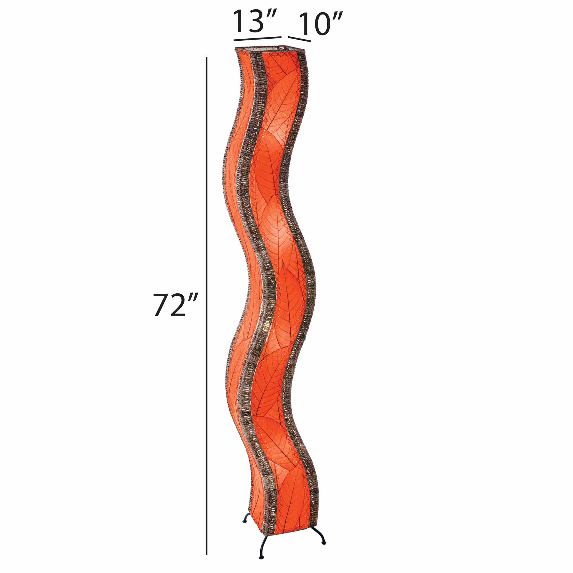 The Eangee Home Design Wave Giant Floor Lamp Red (Item #457 xl r) with black trim adds a dynamic focal point to a modern room, its tall, wavy silhouette standing out among vibrant glass bottles and lush plants.