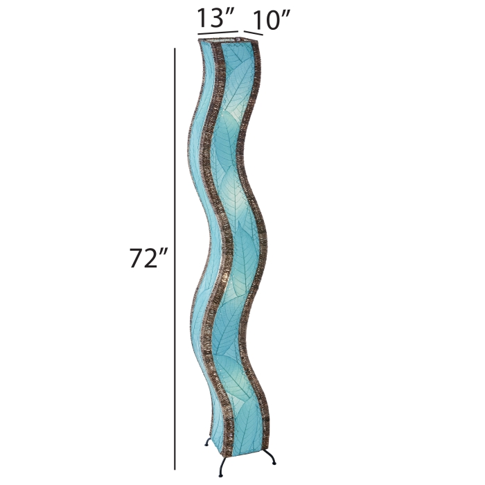 The Eangee Home Design Wave Giant Floor Lamp Sea Blue (Item #457 XL SB) features real fossilized cocoa leaf panels, handcrafted to form gentle curves that bring natural rhythm and movement to your modern living room.