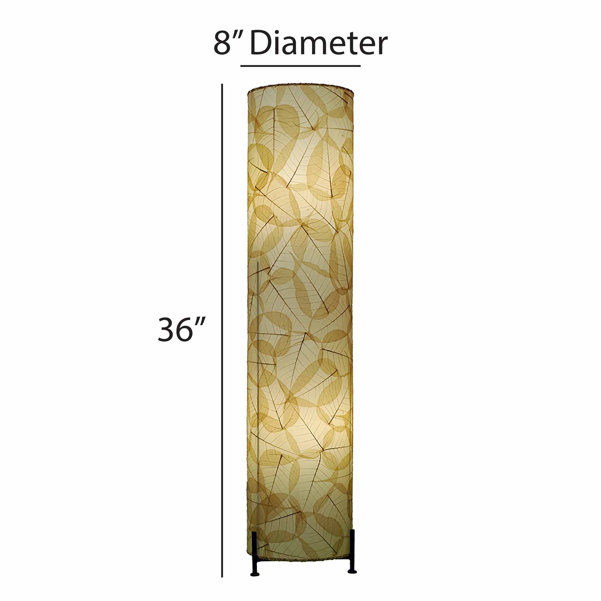 The Banyan Large Floor crafted by the artisans of Eangee Home Design Lamp in natural finish by Eangee Home Design displayed against a white background highlights its fossilized cocoa leaf panels, abaca twine accents, wrought iron frame, hand placed natural leaves, and abaca twine stitching, designed to some pieces fill a space.