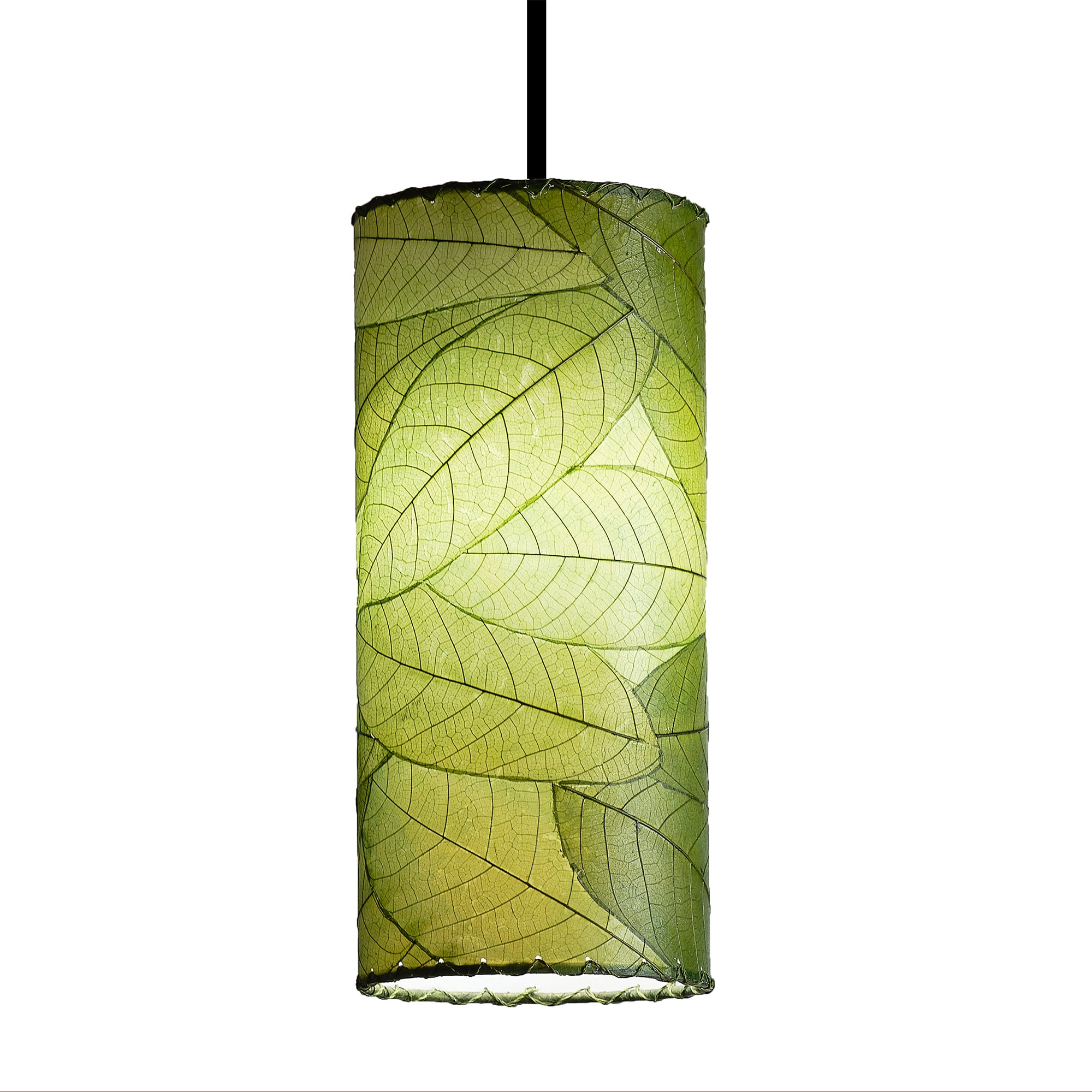 Crafted by the artisans of Eangee Home Design, the Cylinder Pendant in green against a clean backdrop, featuring fossilized cocoa leaf shade, handcrafted.