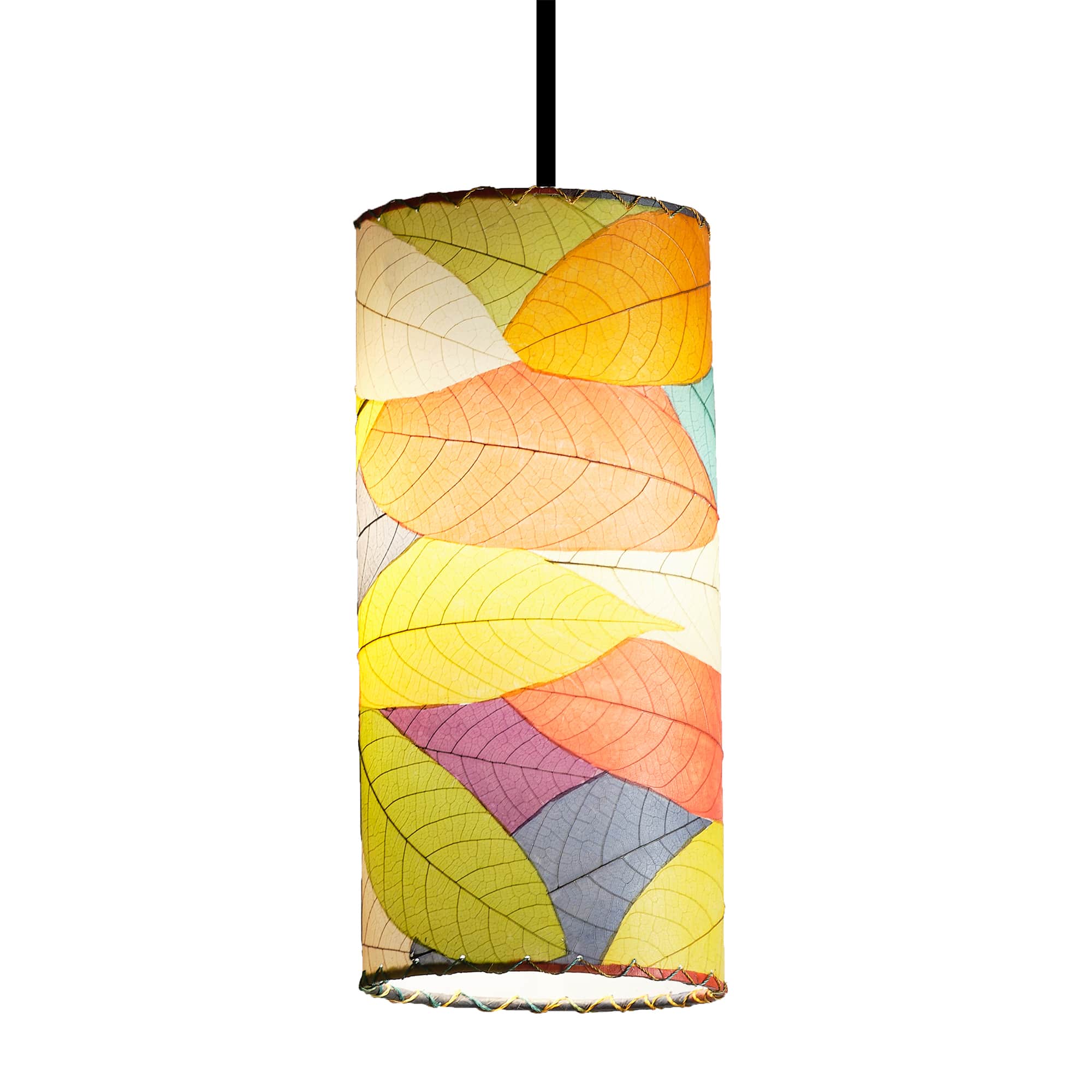 Crafted by the artisans of Eangee Home Design, the Cylinder Pendant in multi color against a clean backdrop, featuring fossilized cocoa leaf shade, handcrafted.