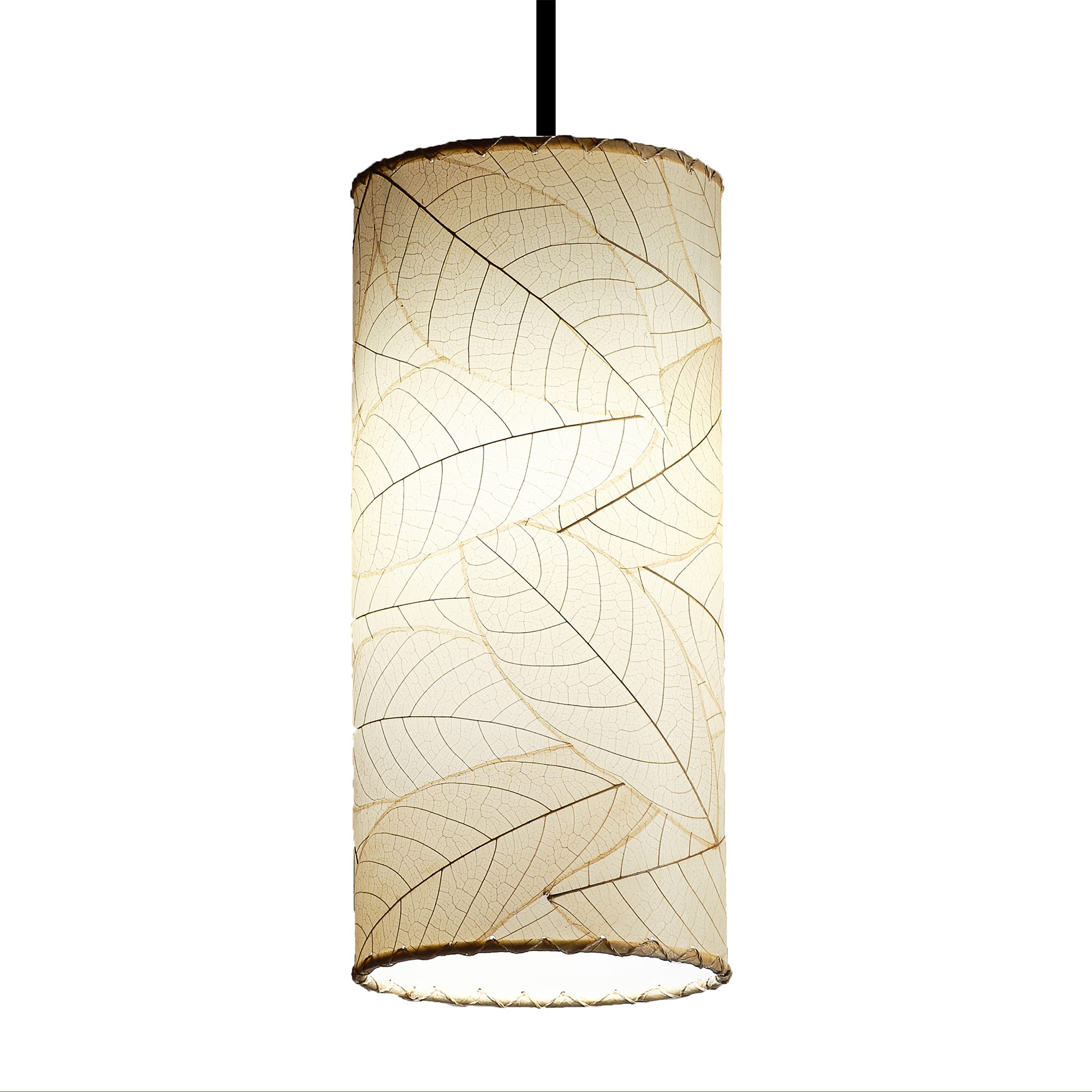 Crafted by the artisans of Eangee Home Design, the Cylinder Pendant in natural against a clean backdrop, featuring fossilized cocoa leaf shade, handcrafted.