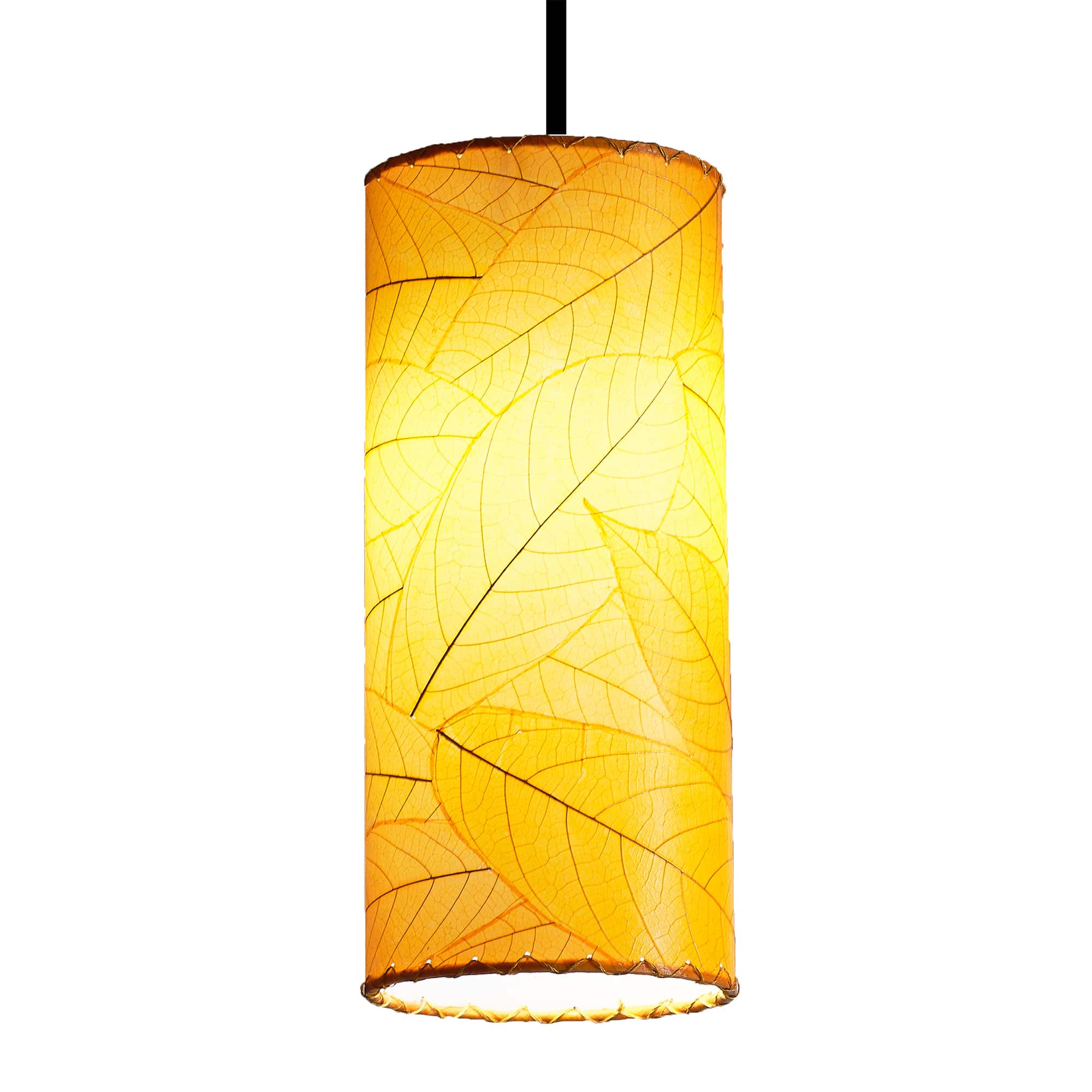 Crafted by the artisans of Eangee Home Design, the Cylinder Pendant in orange against a clean backdrop, featuring fossilized cocoa leaf shade, handcrafted.