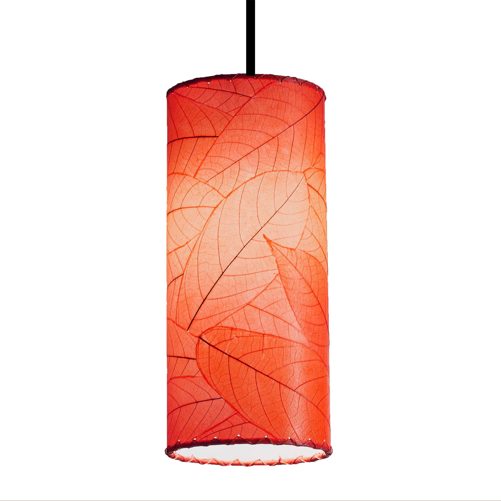 Crafted by the artisans of Eangee Home Design, the Cylinder Pendant in red against a clean backdrop, featuring fossilized cocoa leaf shade, handcrafted.