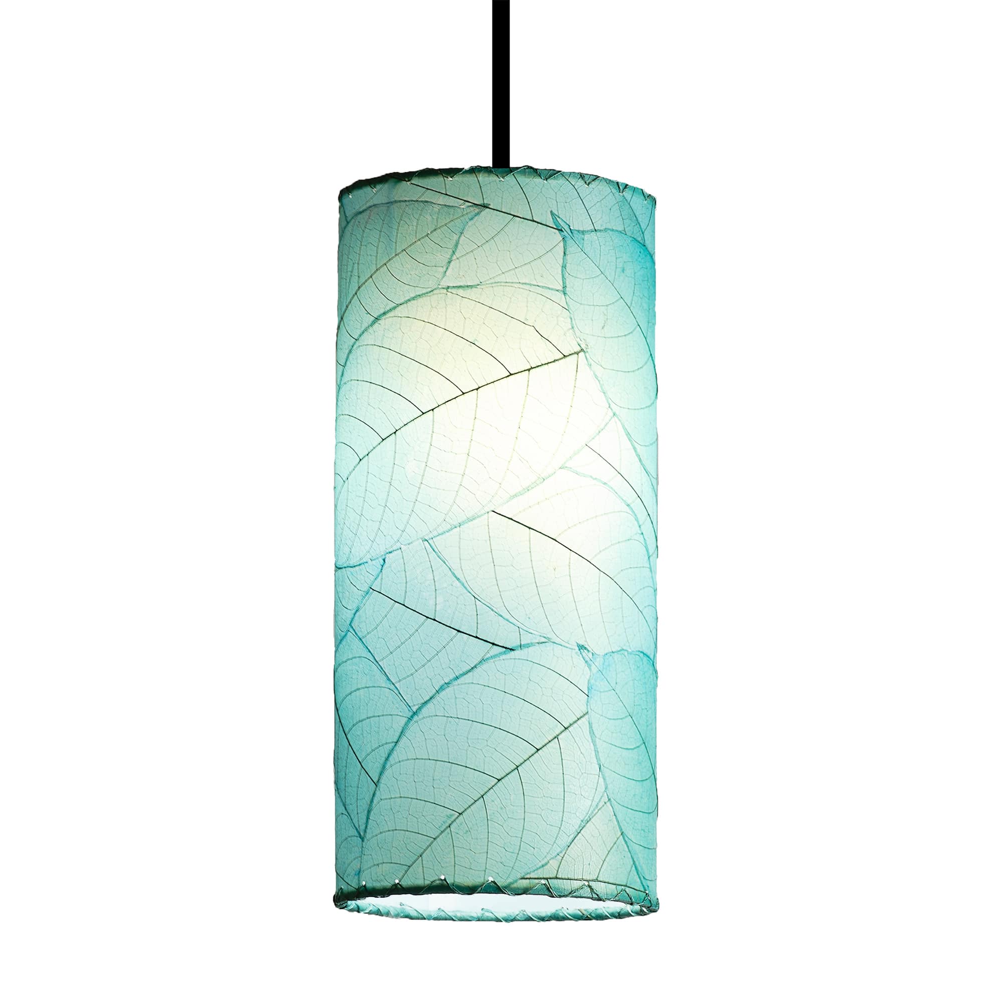 Crafted by the artisans of Eangee Home Design, the Cylinder Pendant in sea blue against a clean backdrop, featuring fossilized cocoa leaf shade, handcrafted.