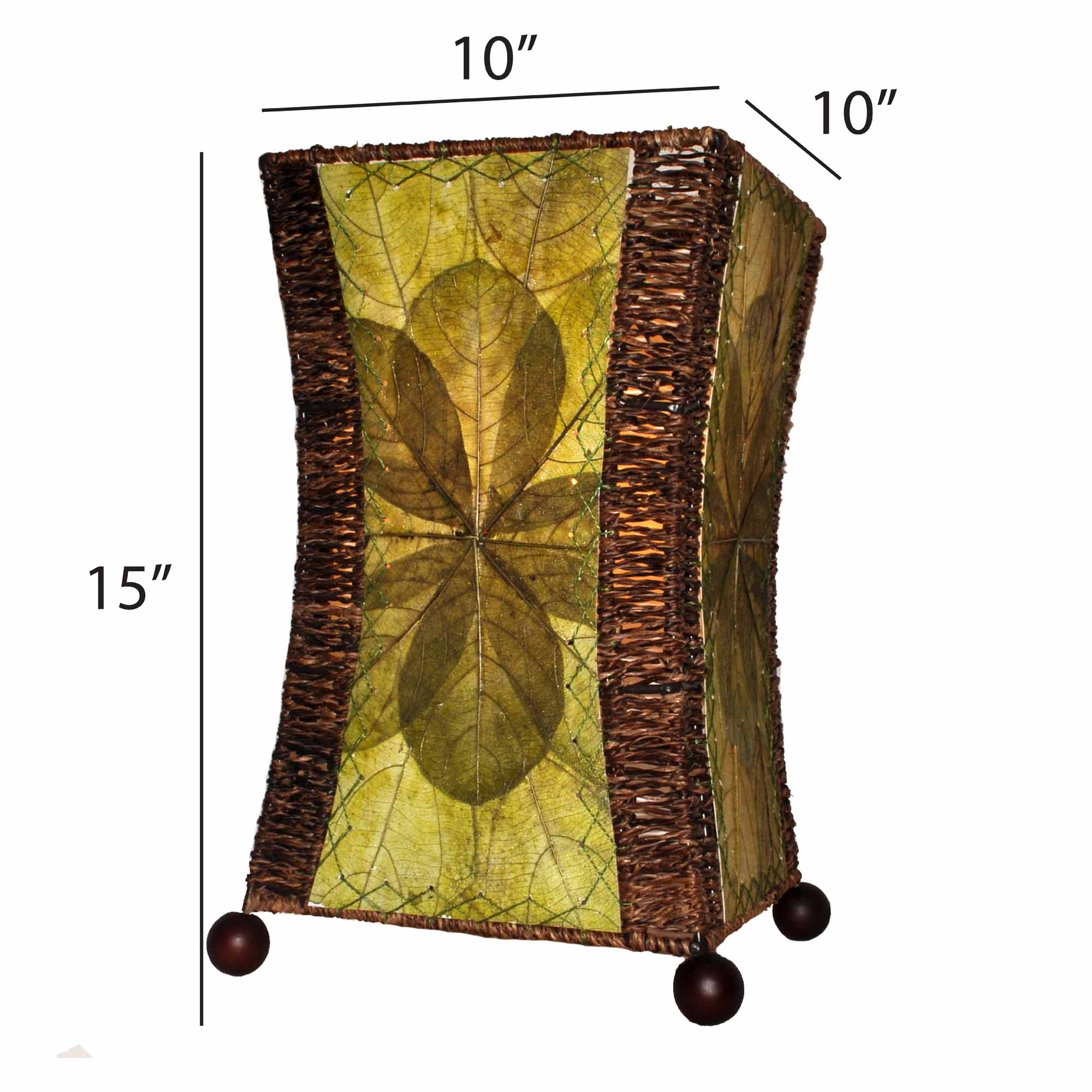 Crafted by the artisans of Eangee Home Design, the Hourglass Table Lamp in green against a clean backdrop, featuring jackfruit leaf panels, abaca rope accents, wrought iron frame, eco friendly.