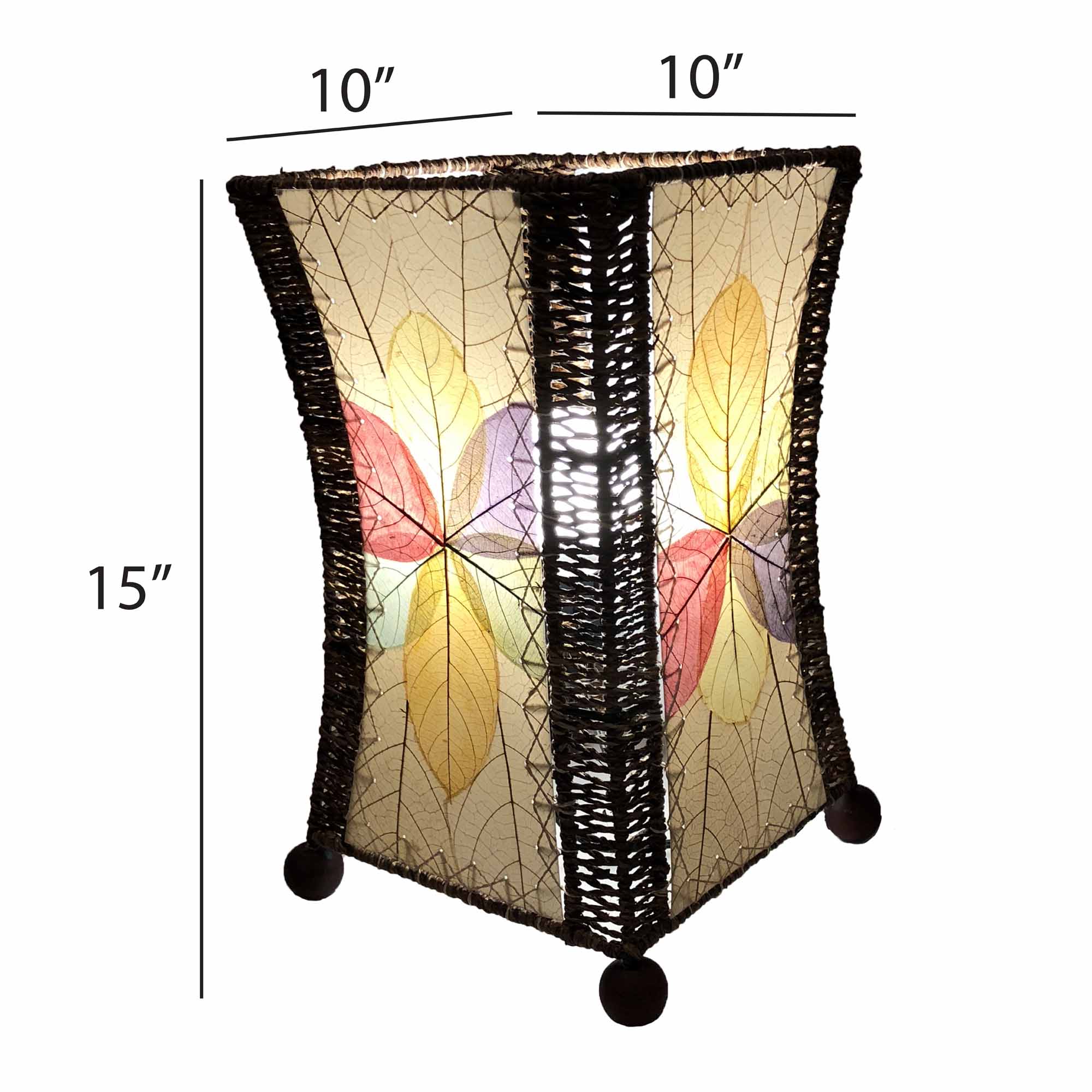 Crafted by the artisans of Eangee Home Design, the Hourglass Table Lamp in multi color against a clean backdrop, featuring jackfruit leaf panels, abaca rope accents, wrought iron frame, eco friendly.