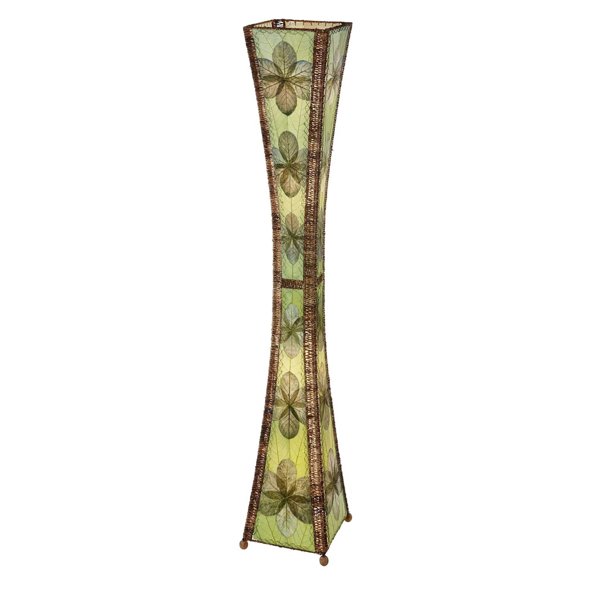 Crafted by the artisans of Eangee Home Design, the Hourglass Giant Floor Lamp in green against a clean backdrop, featuring jackfruit leaf panels, abaca rope accents, wrought iron frame, eco friendly, handcrafted.