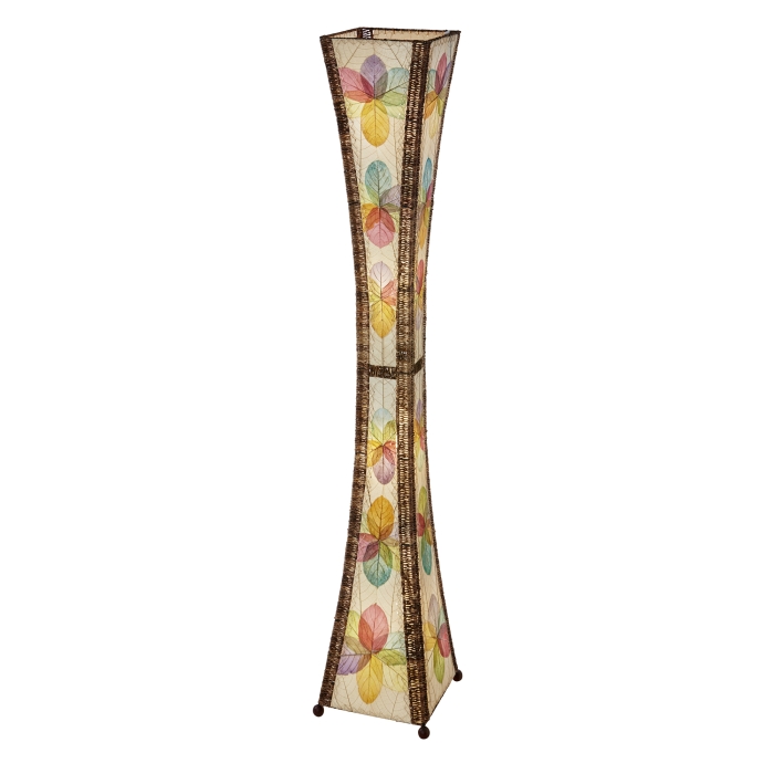 Crafted by the artisans of Eangee Home Design, the Hourglass Giant Floor Lamp in multi color against a clean backdrop, featuring jackfruit leaf panels, abaca rope accents, wrought iron frame, eco friendly, handcrafted.