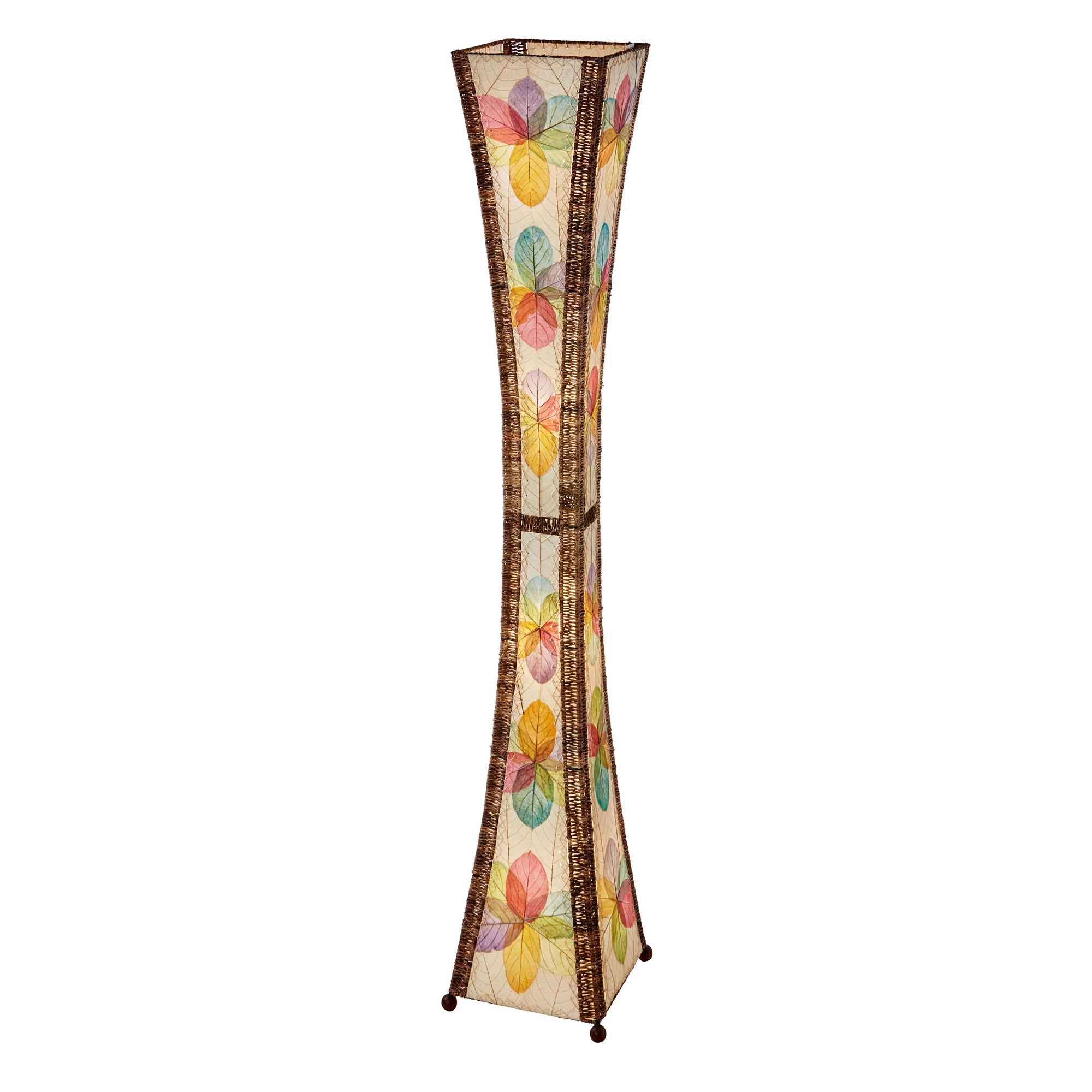 Crafted by the artisans of Eangee Home Design, the Hourglass Giant Floor Lamp in multi color against a clean backdrop, featuring jackfruit leaf panels, abaca rope accents, wrought iron frame, eco friendly, handcrafted.
