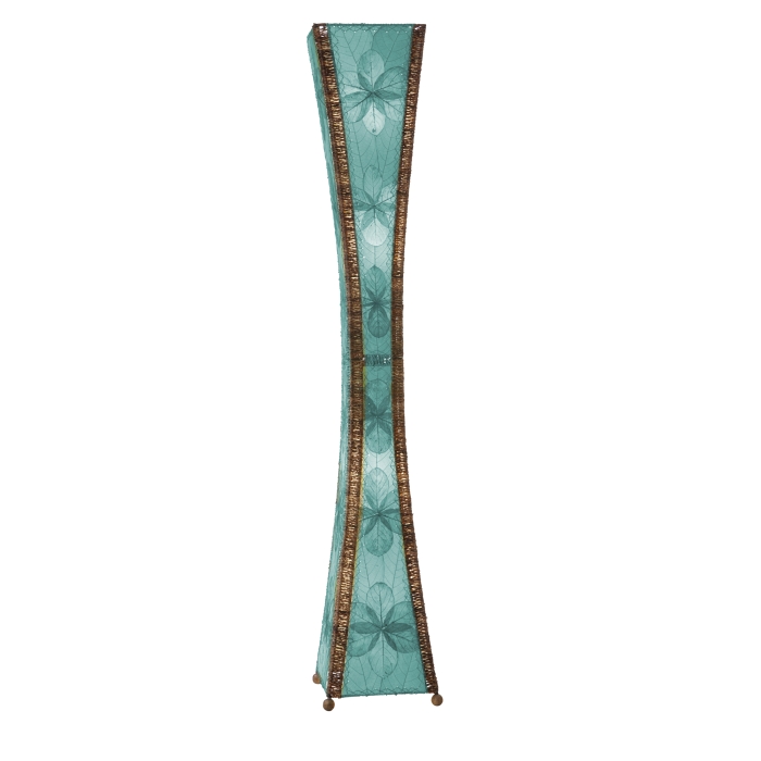Crafted by the artisans of Eangee Home Design, the Hourglass Giant Floor Lamp in sea blue against a clean backdrop, featuring jackfruit leaf panels, abaca rope accents, wrought iron frame, eco friendly, handcrafted.
