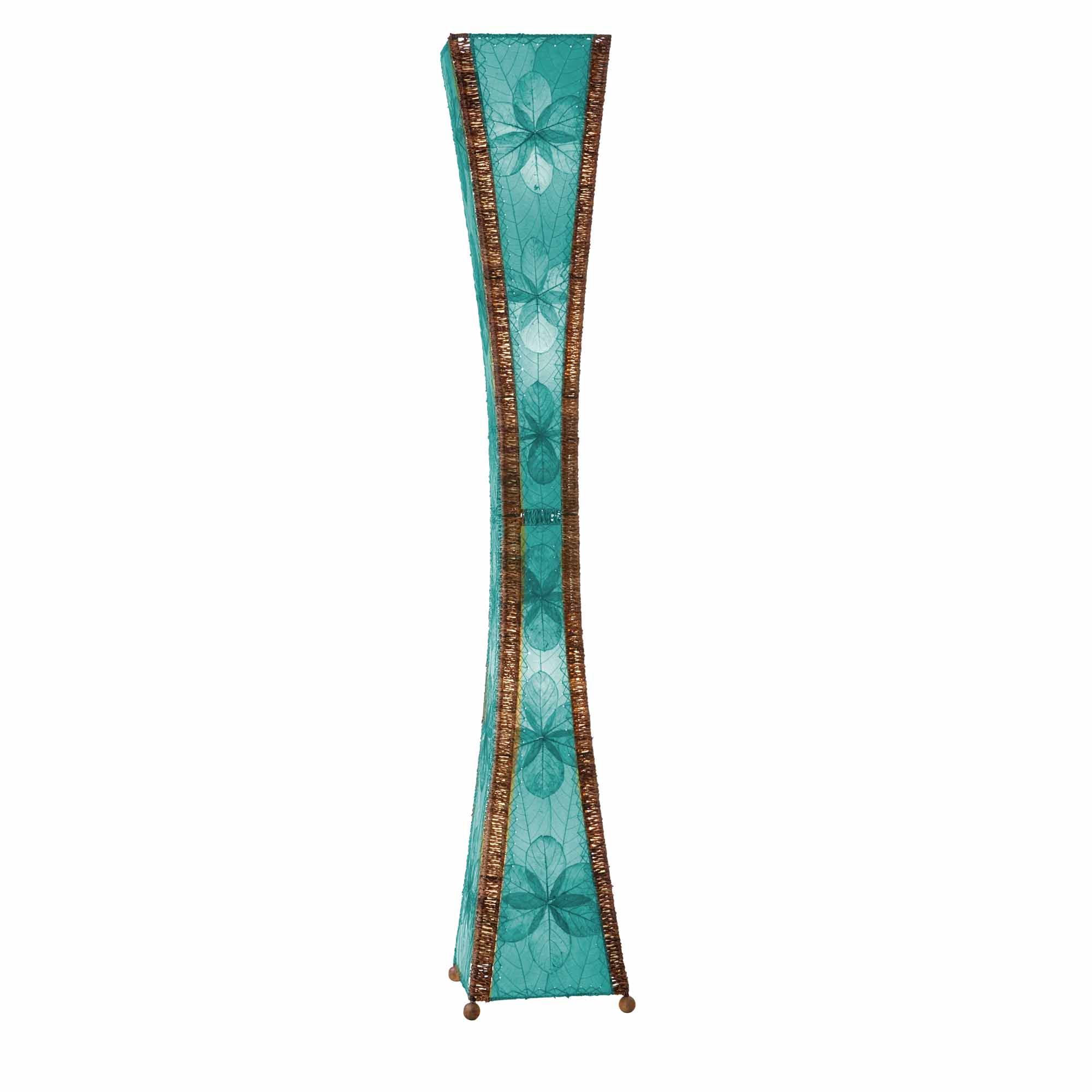 Crafted by the artisans of Eangee Home Design, the Hourglass Giant Floor Lamp in sea blue against a clean backdrop, featuring jackfruit leaf panels, abaca rope accents, wrought iron frame, eco friendly, handcrafted.