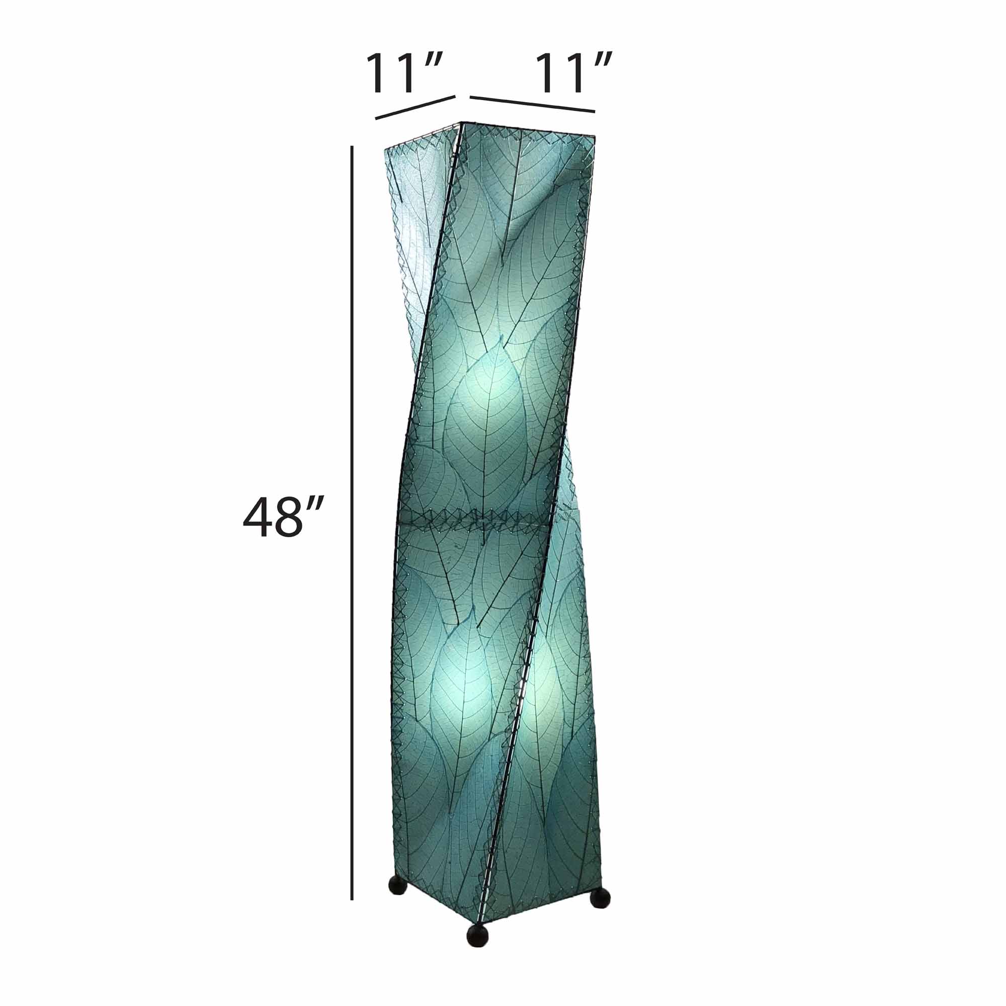 The Twist Large Floor crafted by the artisans of Eangee Home Design Lamp in sea blue finish by Eangee Home Design displayed against a white background highlights its fossilized cocoa leaf panels, wrought iron frame, and hand placed natural leaves, designed to the twist giant floor lamp is where design meets poetry.