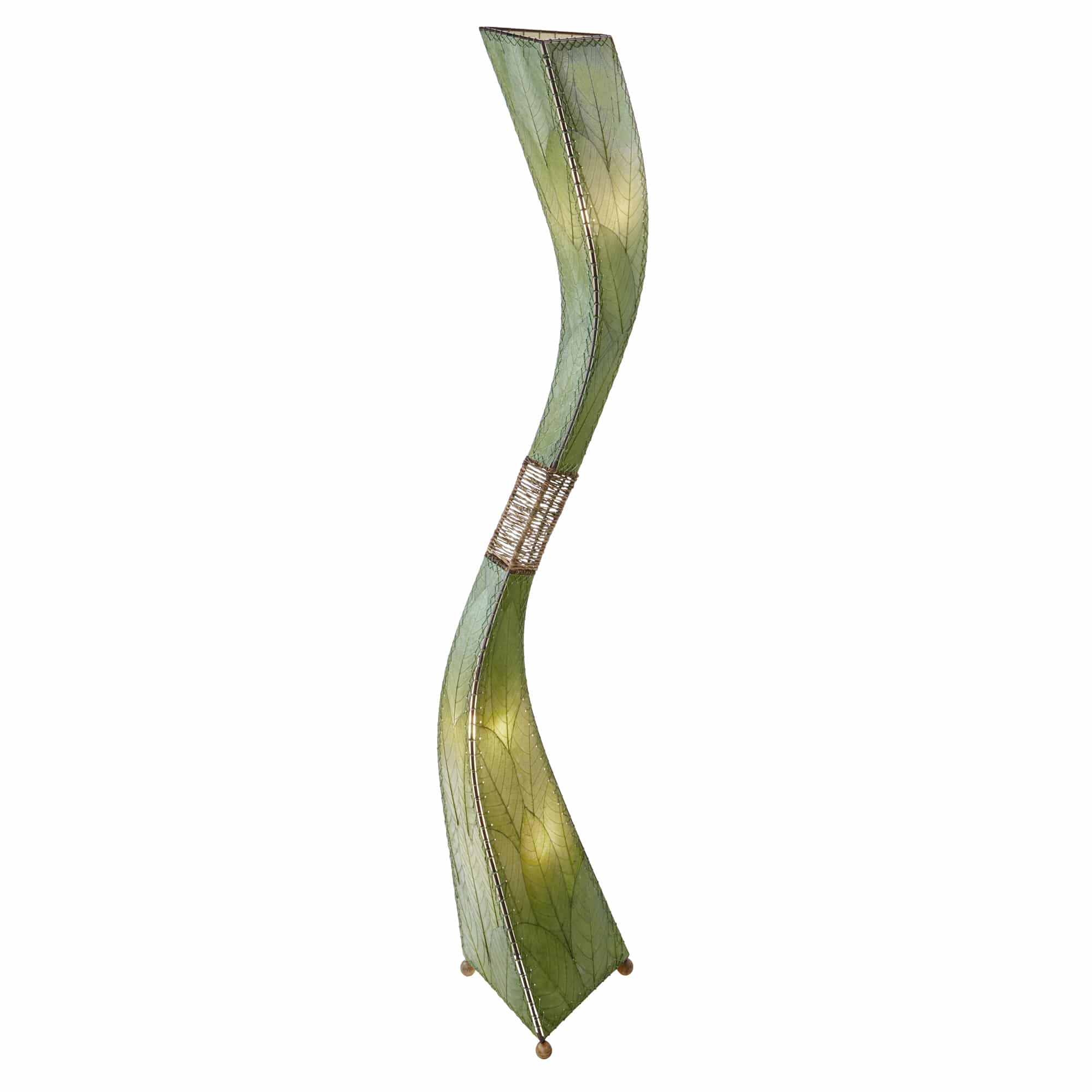Crafted by the artisans of Eangee Home Design, the Flow Giant Floor Lamp in green against a clean backdrop, featuring fossilized cocoa leaf shade, abaca rope accents, eco friendly.