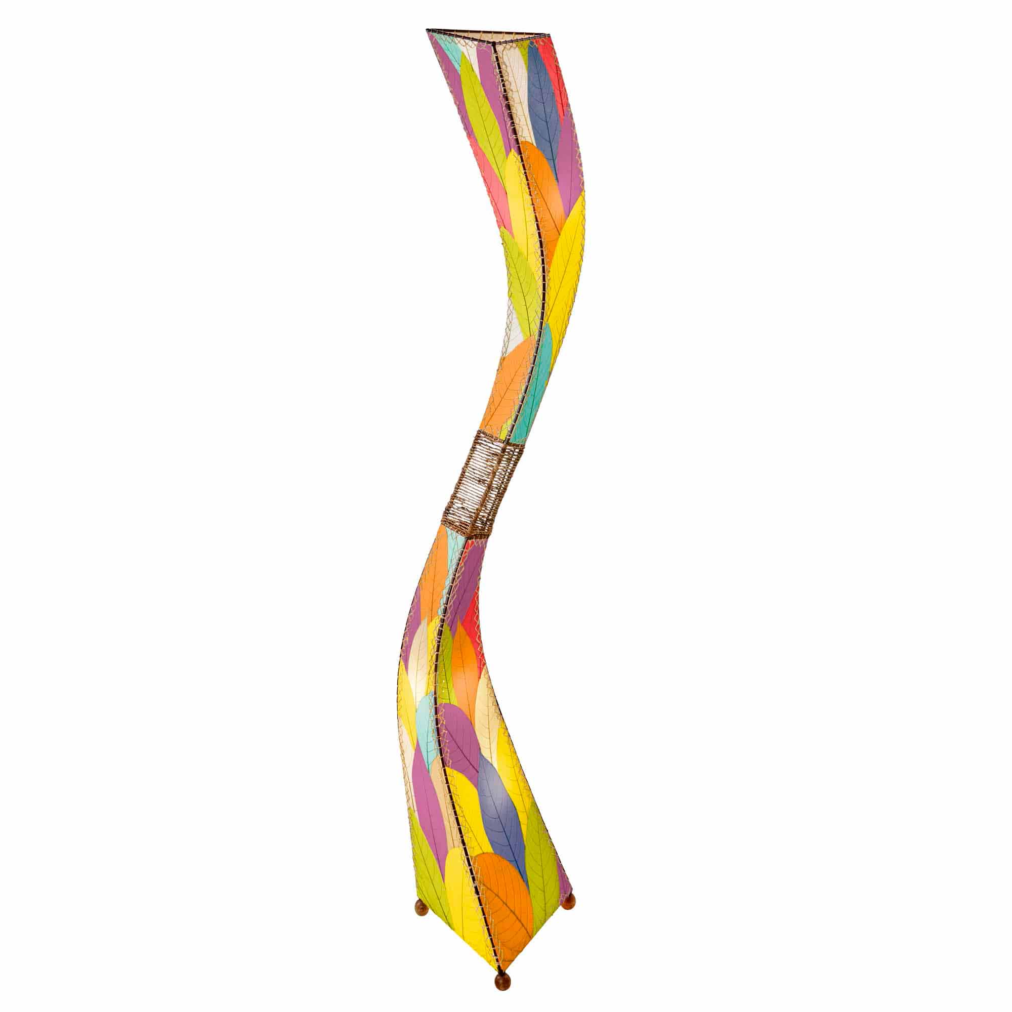 Crafted by the artisans of Eangee Home Design, the Flow Giant Floor Lamp in multi color against a clean backdrop, featuring fossilized cocoa leaf shade, abaca rope accents, eco friendly.